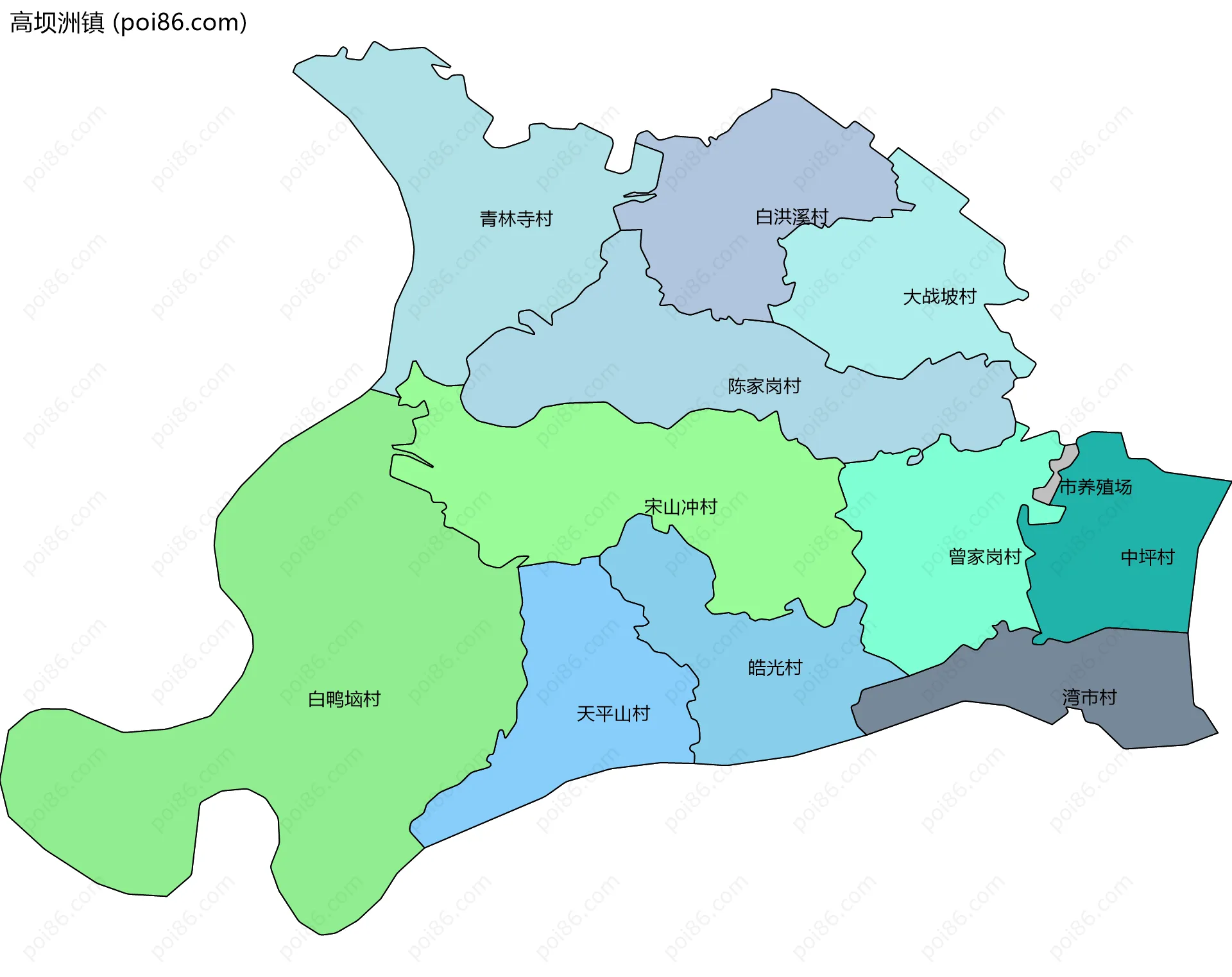 高坝洲镇边界地图(五级行政区划)
