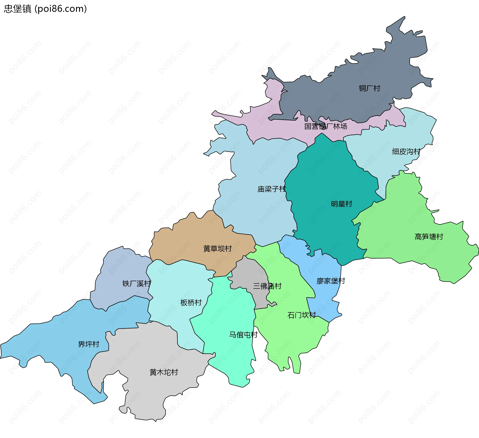 忠堡镇边界地图(五级行政区划)