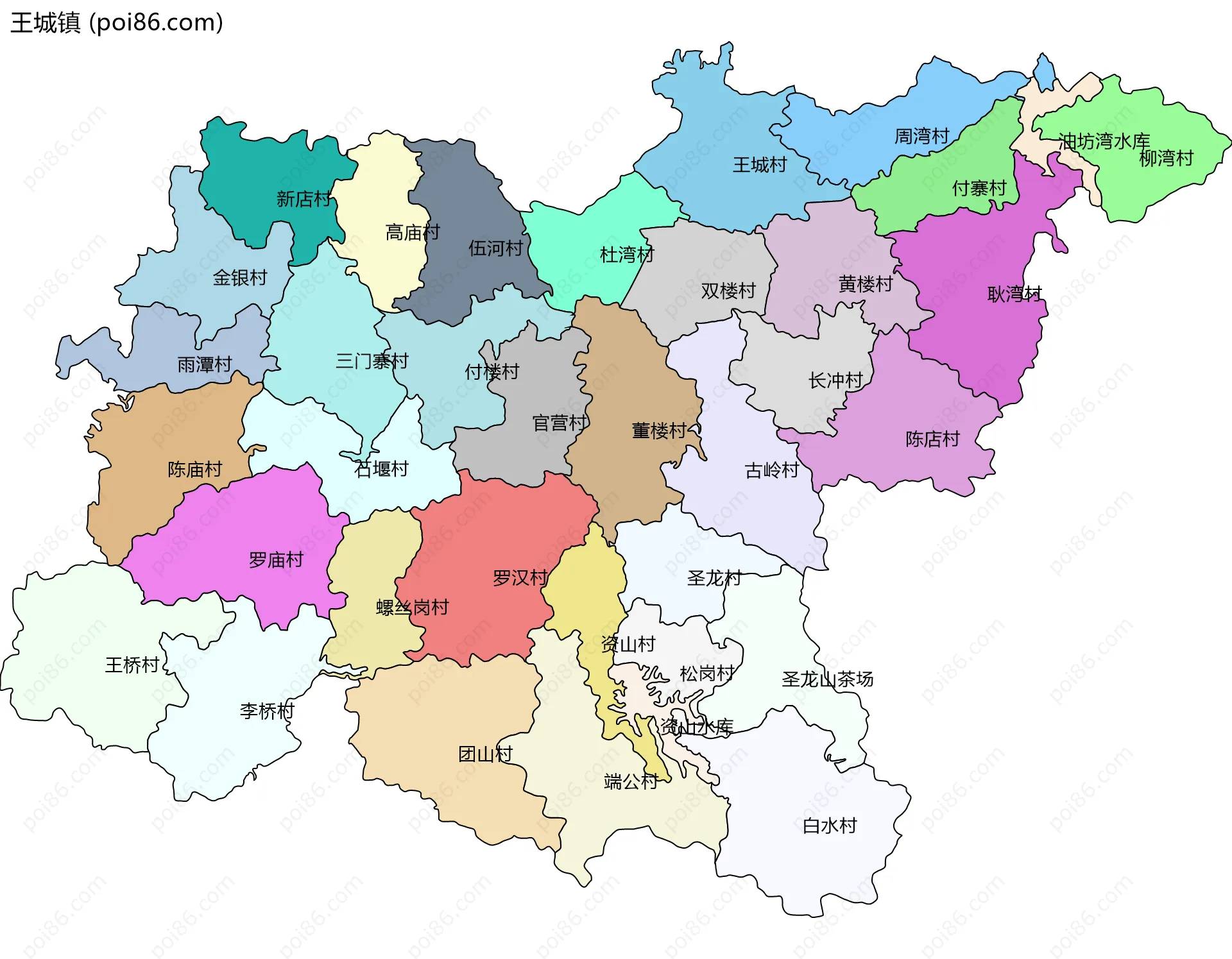 王城镇边界地图(五级行政区划)
