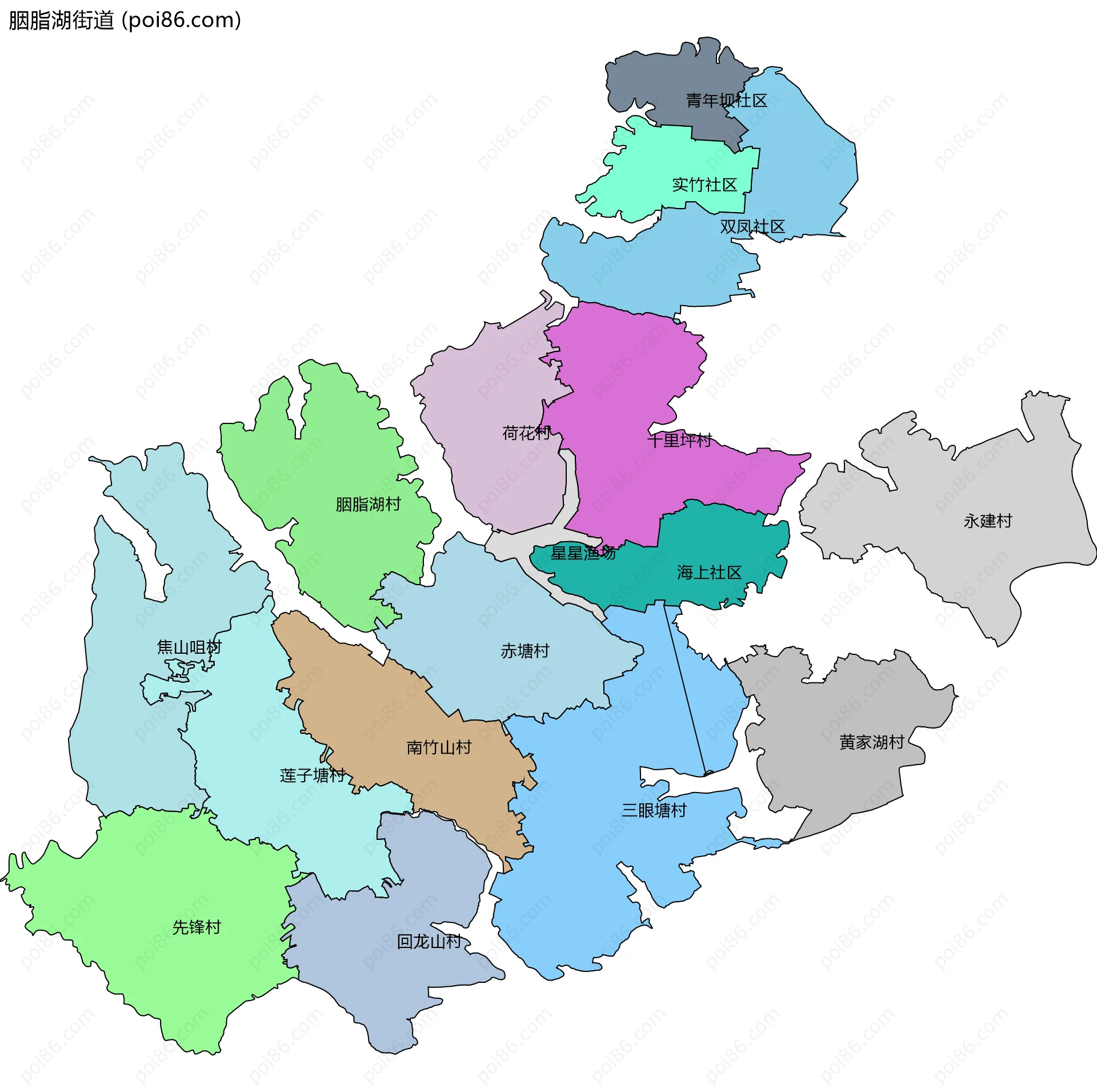 胭脂湖街道边界地图(五级行政区划)