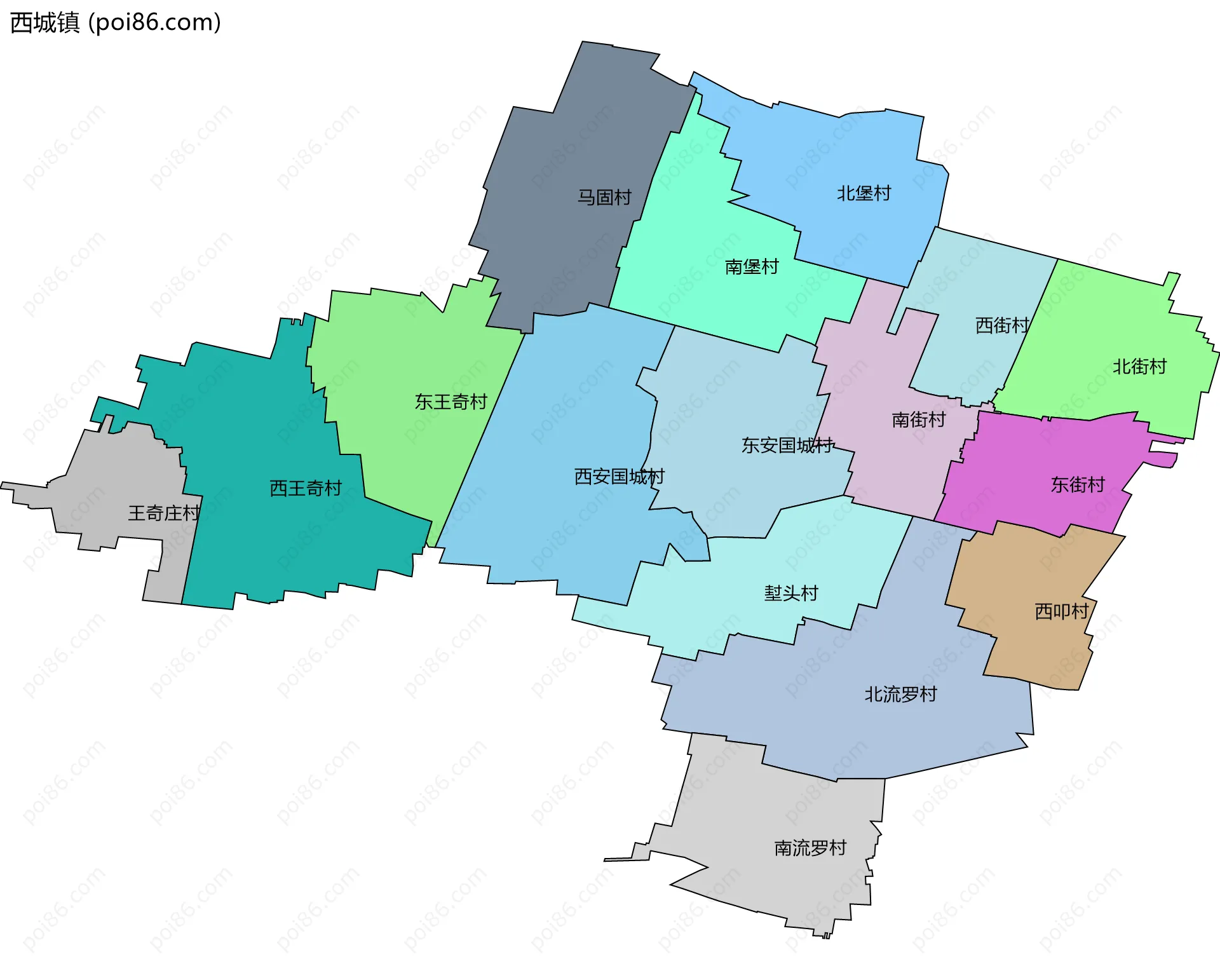 西城镇边界地图(五级行政区划)