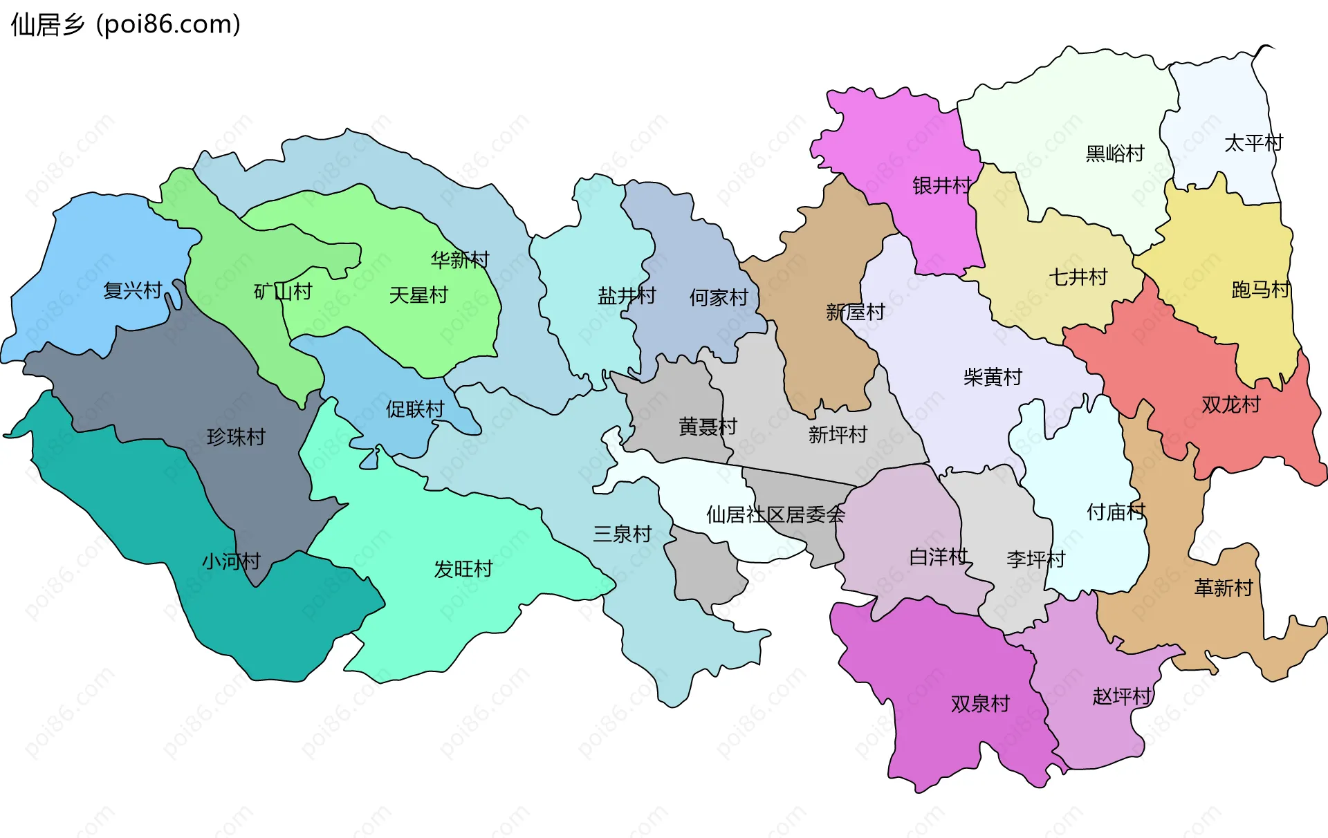 仙居乡边界地图(五级行政区划)