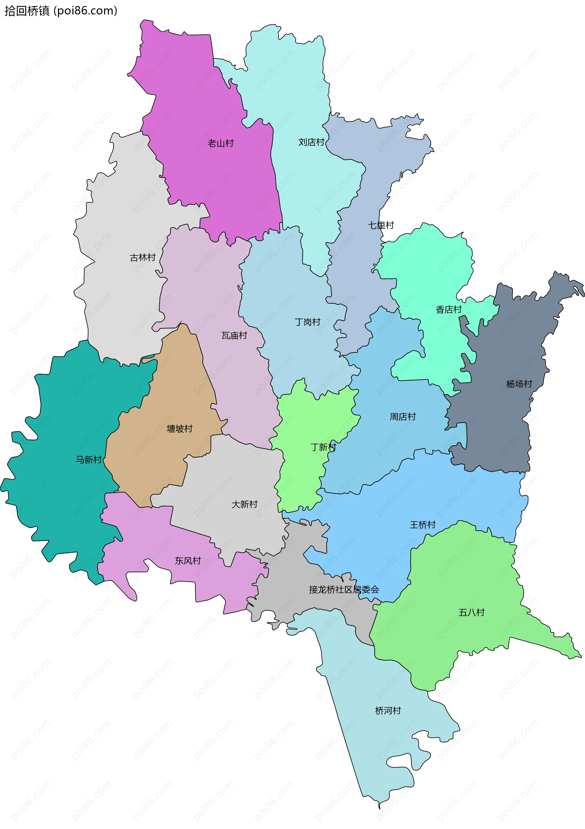 拾回桥镇边界地图(五级行政区划)