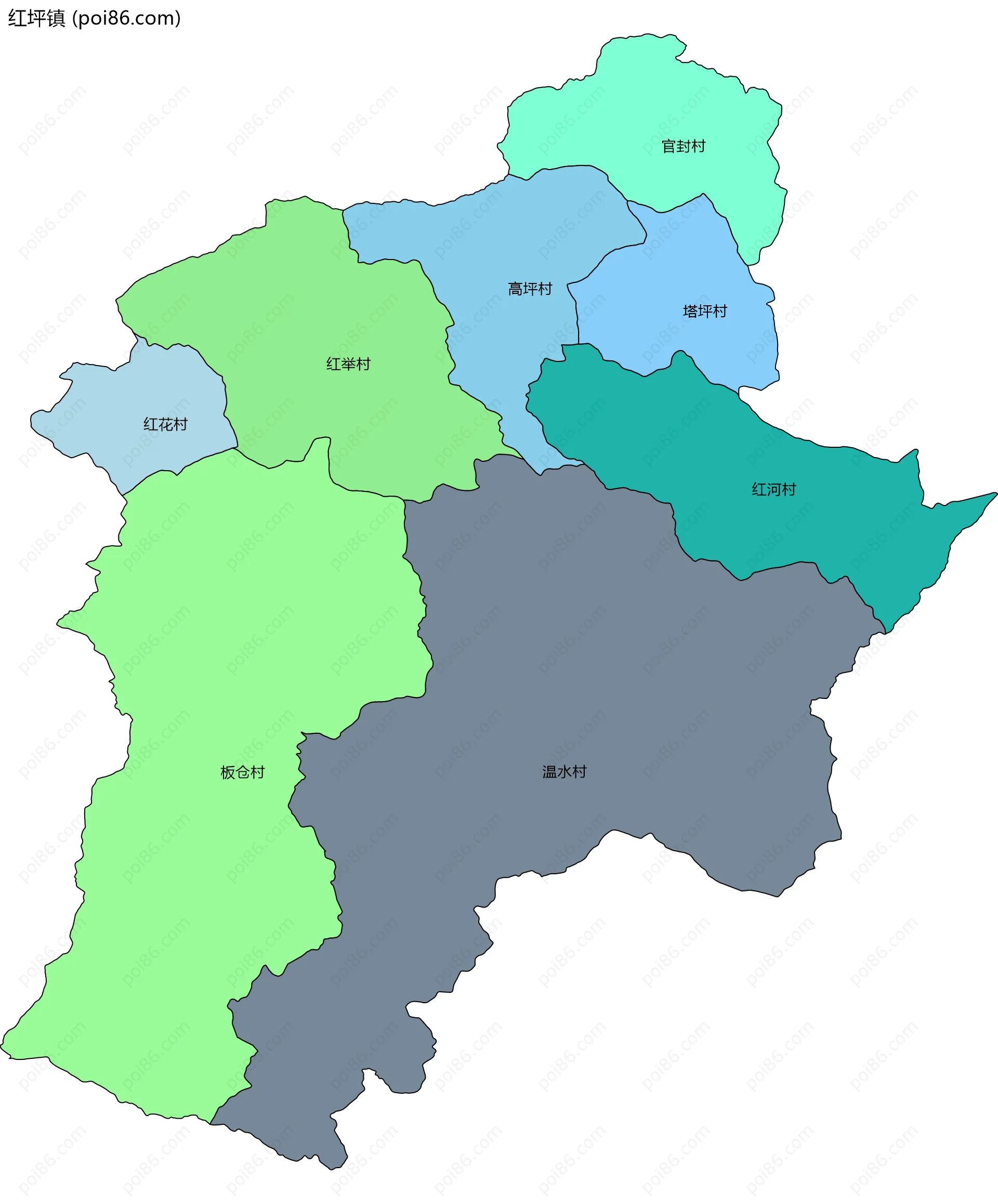 红坪镇边界地图(五级行政区划)