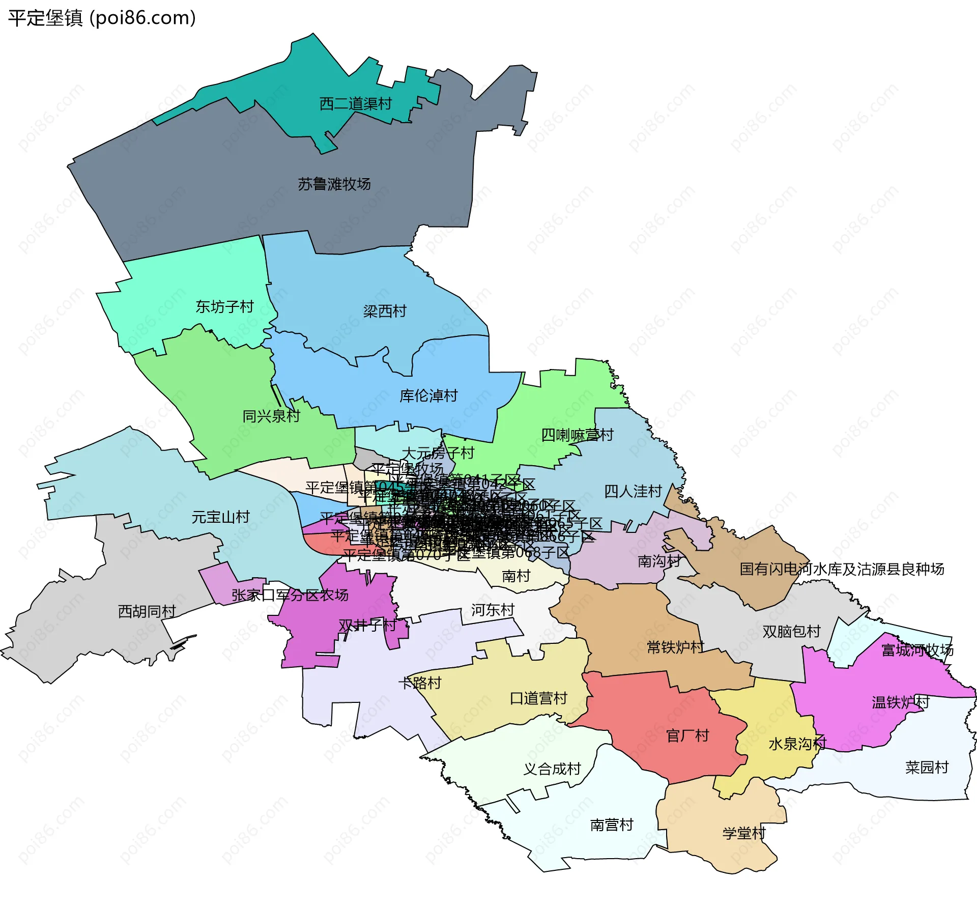平定堡镇边界地图(五级行政区划)