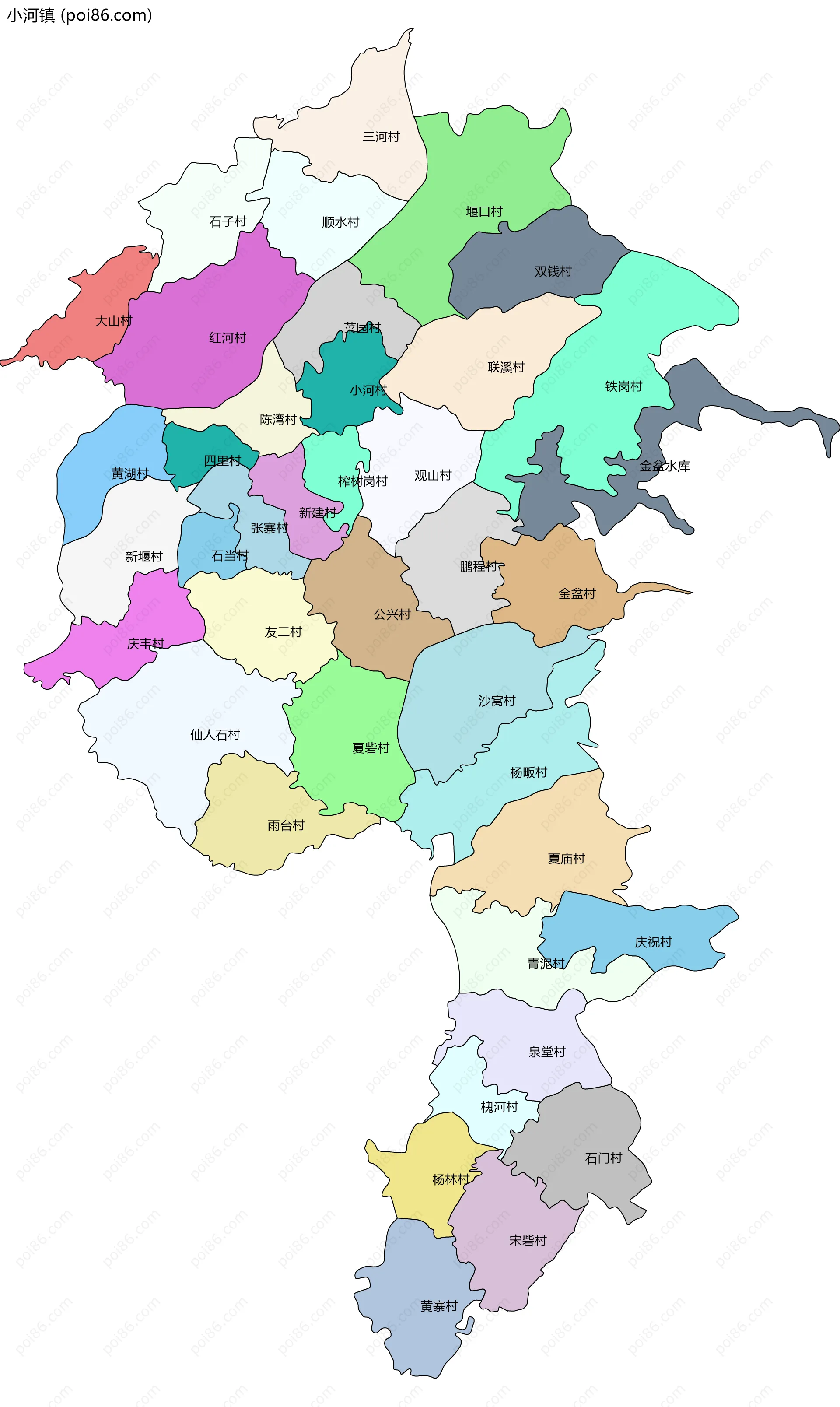 小河镇边界地图(五级行政区划)