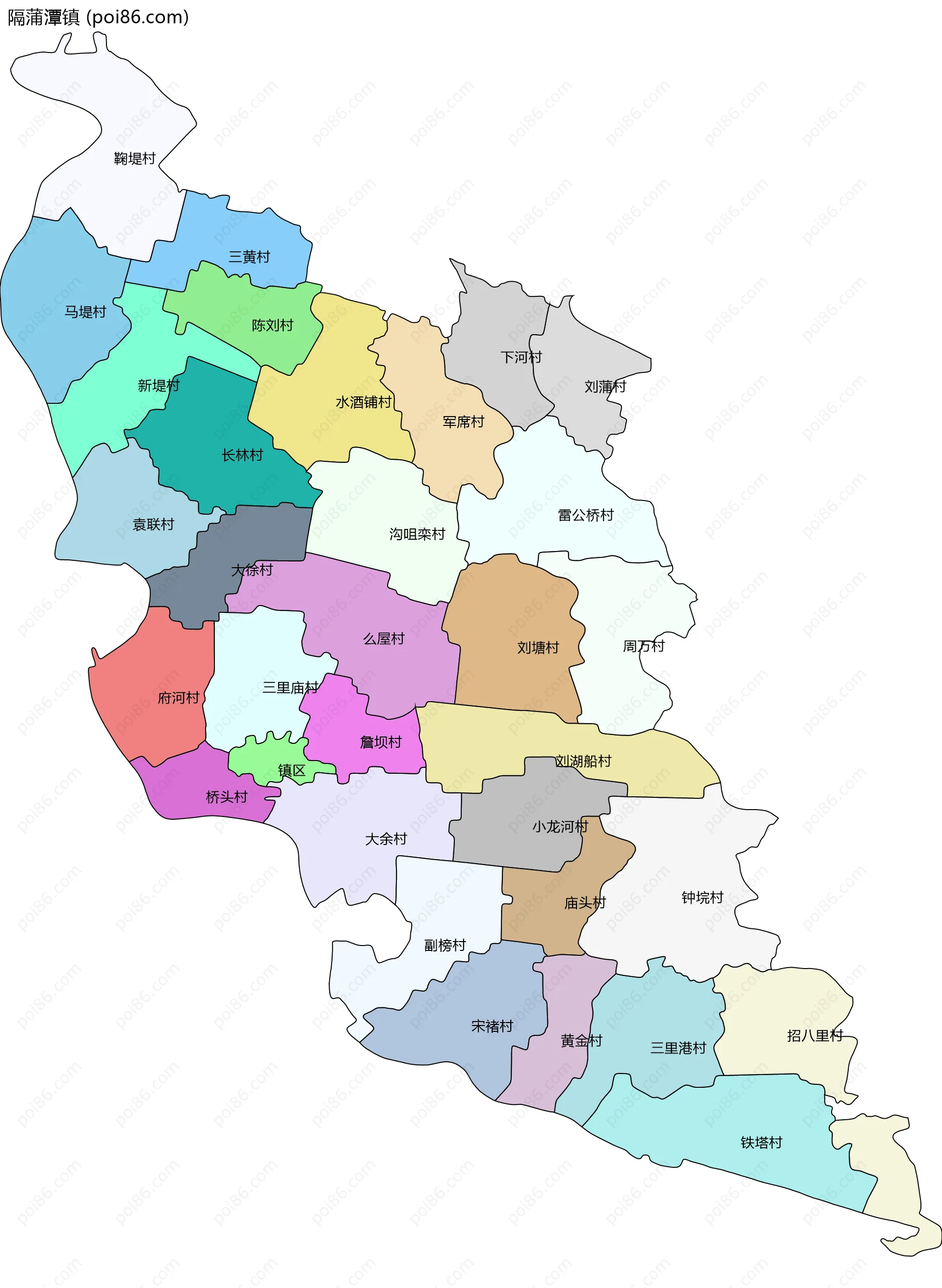 隔蒲潭镇边界地图(五级行政区划)