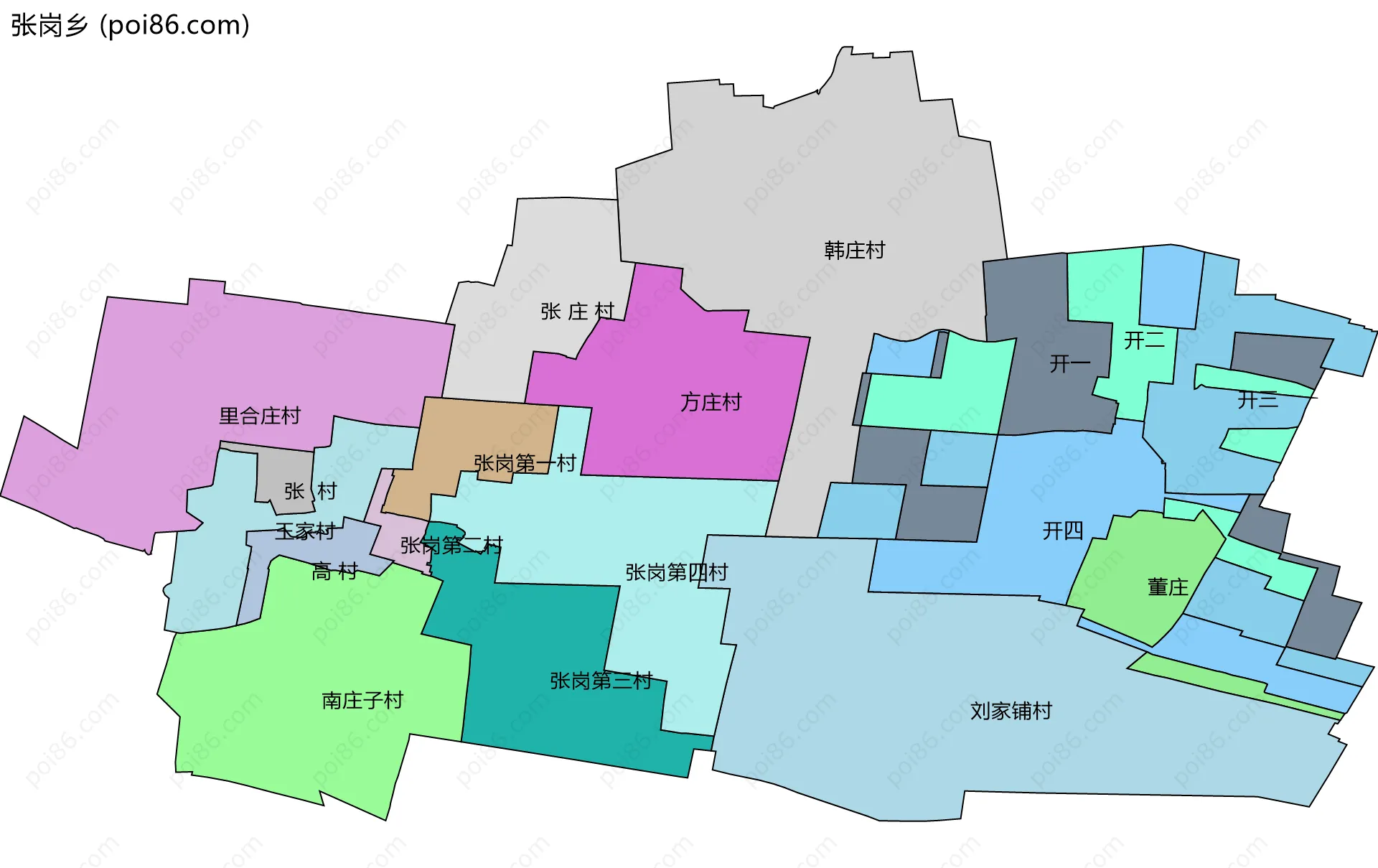 张岗乡边界地图(五级行政区划)