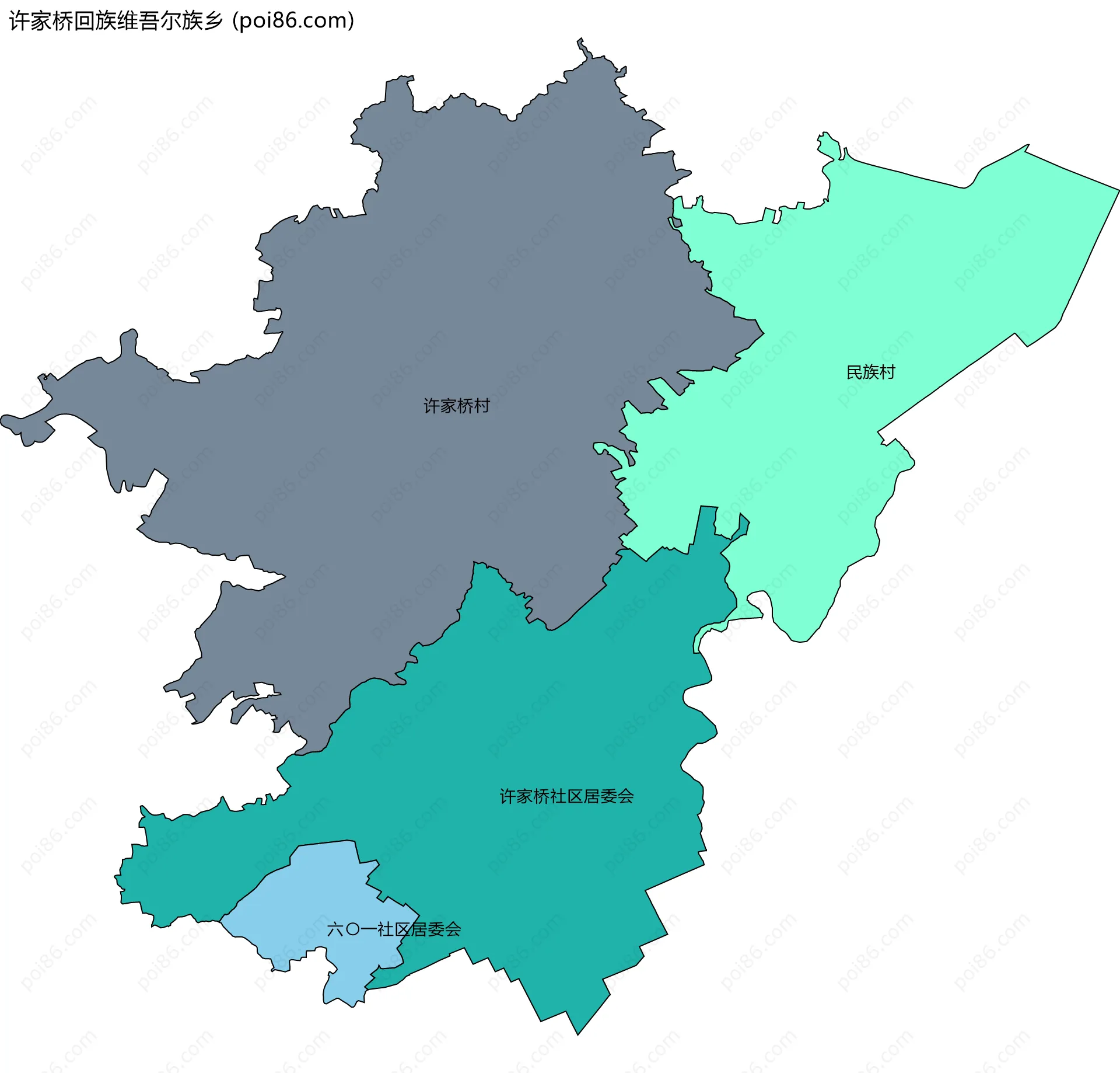 许家桥回族维吾尔族乡边界地图(五级行政区划)