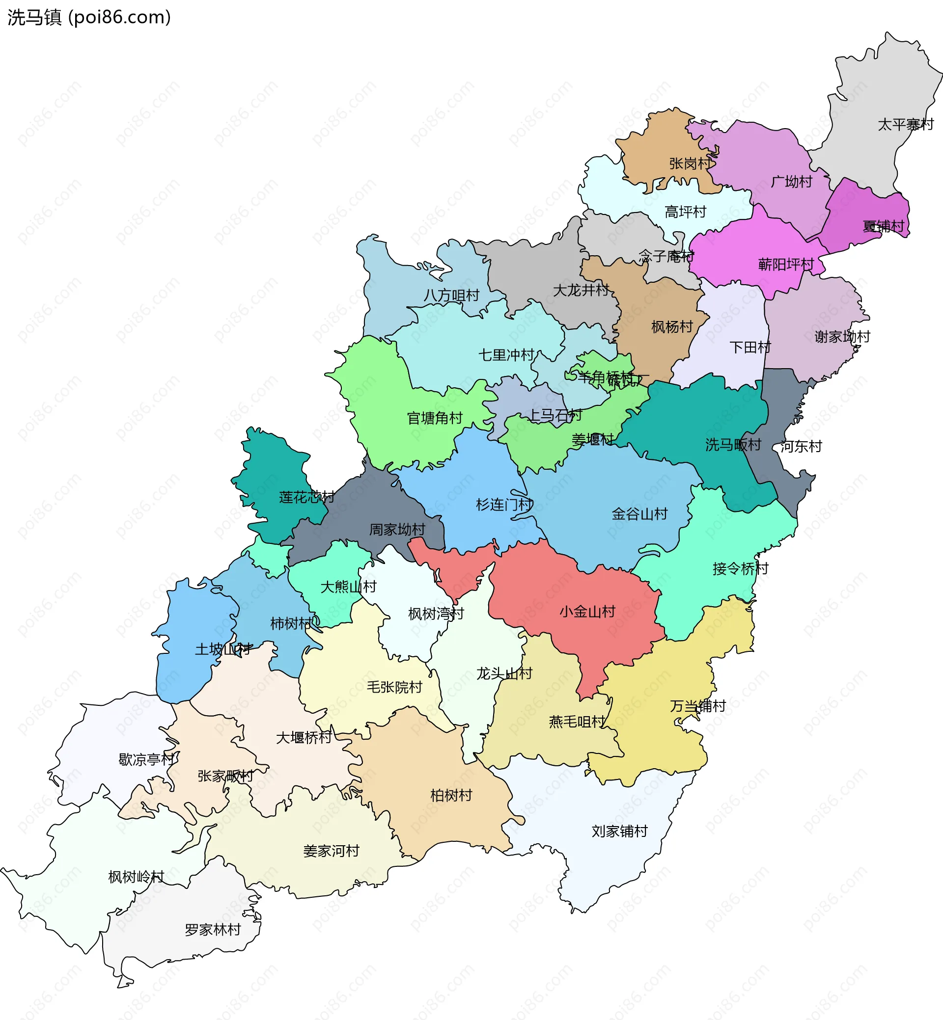洗马镇边界地图(五级行政区划)