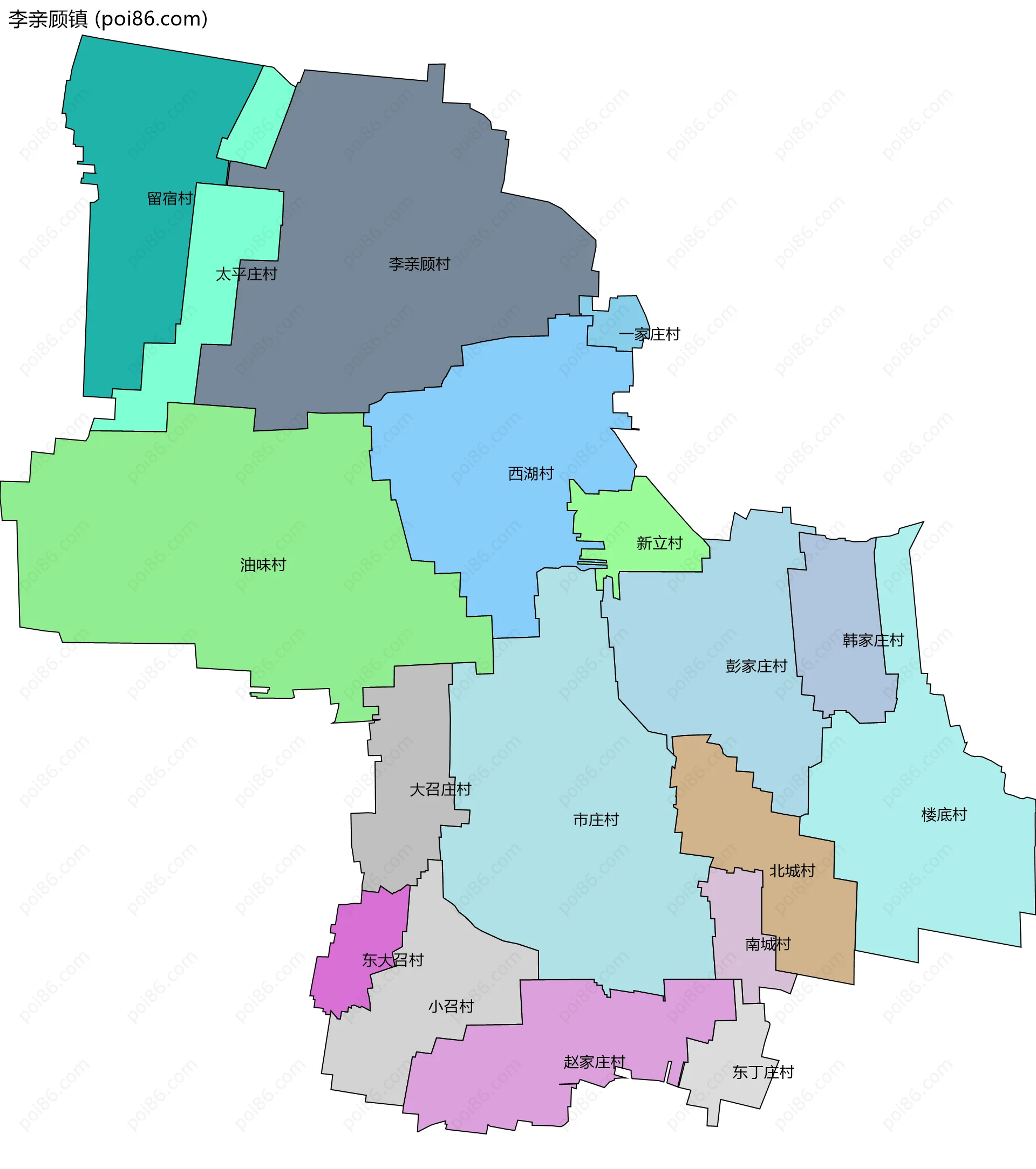 李亲顾镇边界地图(五级行政区划)