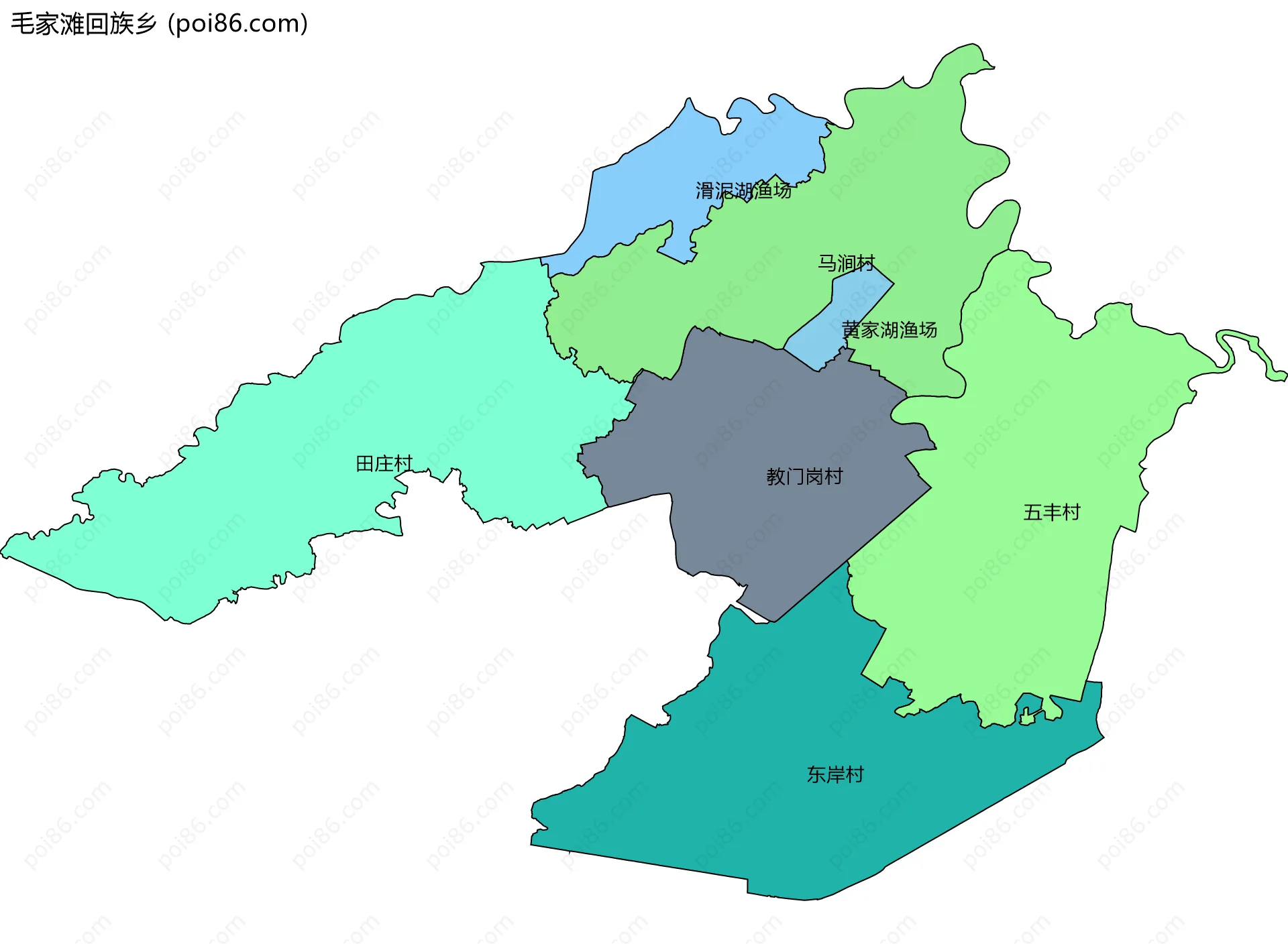 毛家滩回族乡边界地图(五级行政区划)
