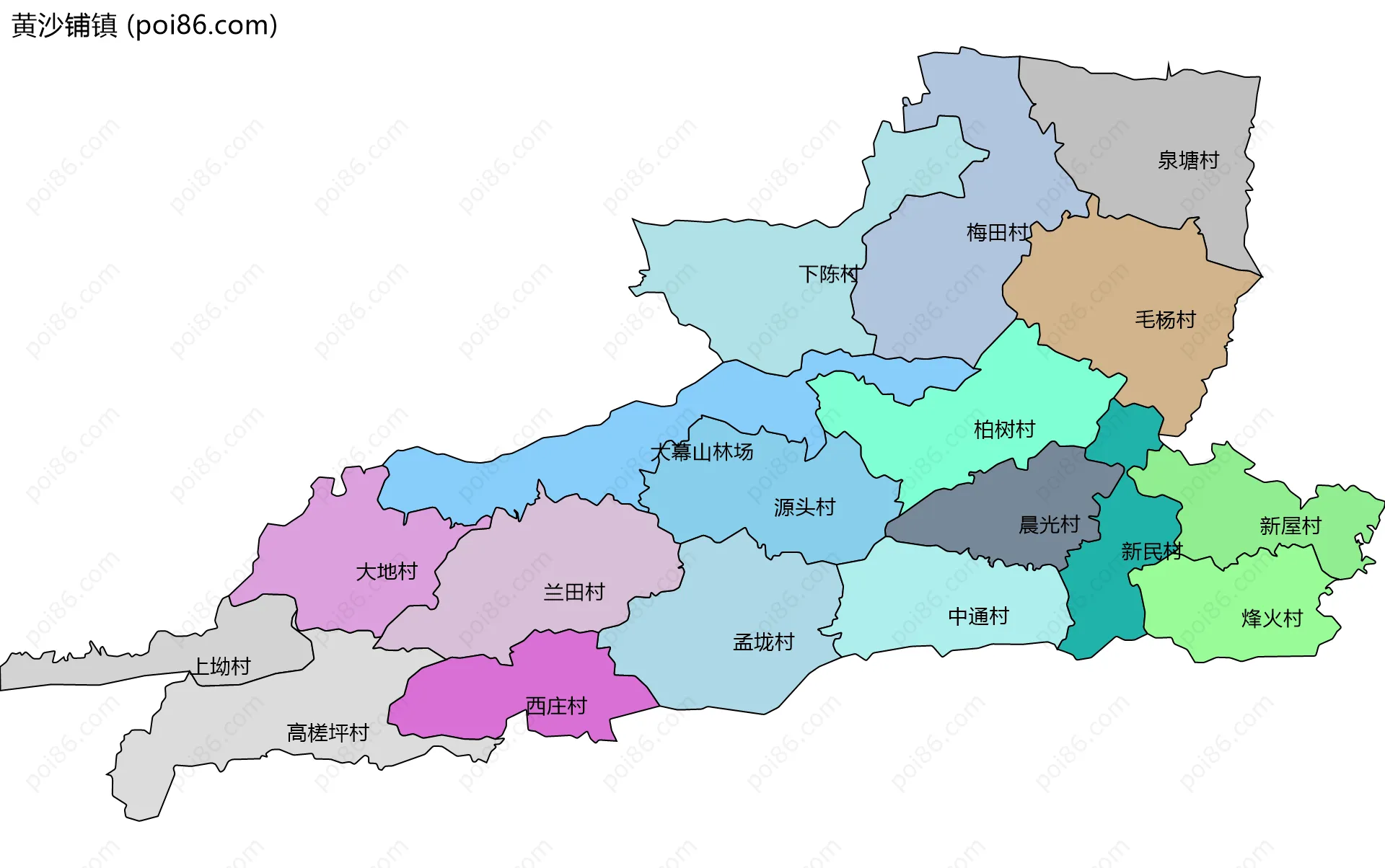 黄沙铺镇边界地图(五级行政区划)