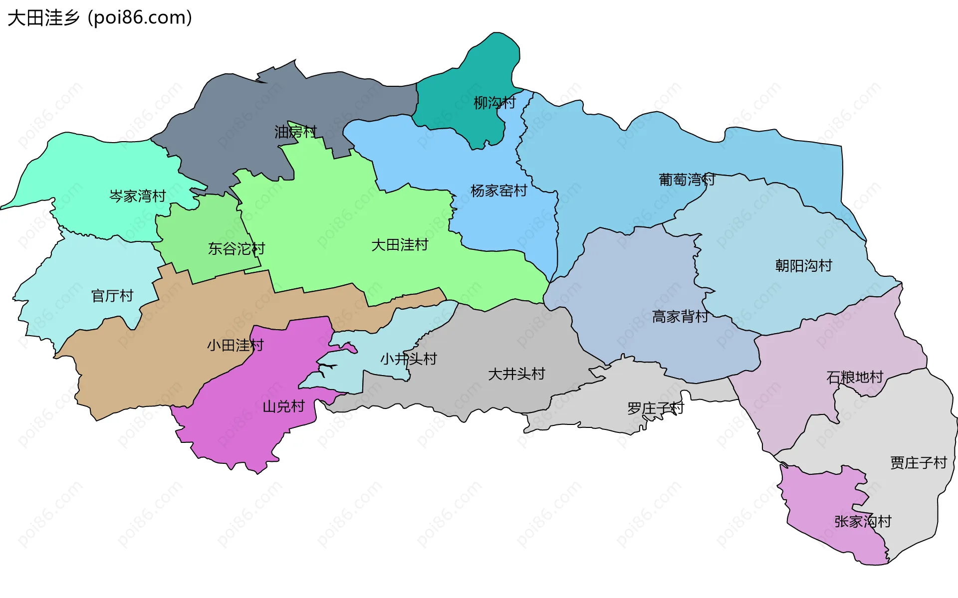 大田洼乡边界地图(五级行政区划)