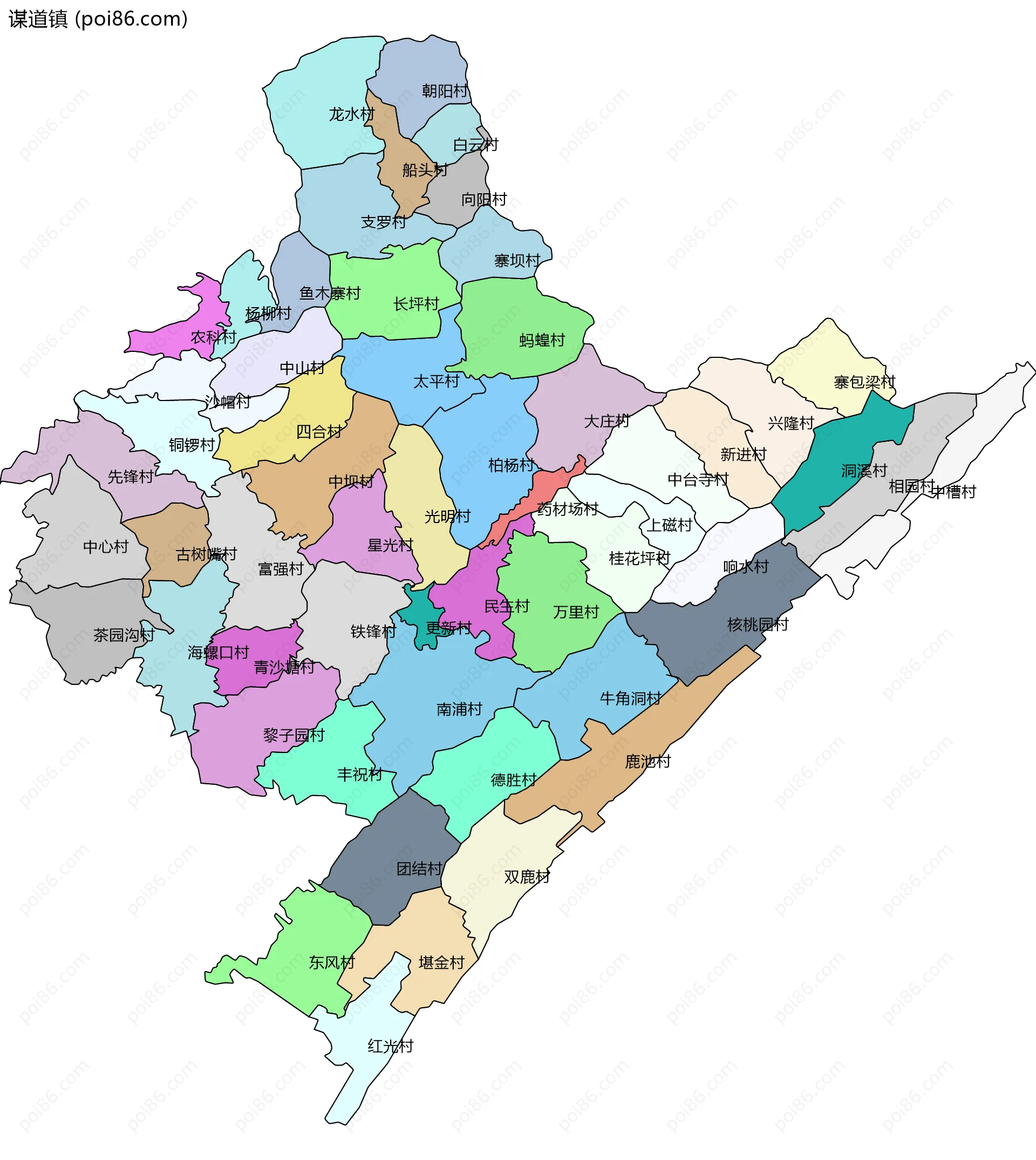 谋道镇边界地图(五级行政区划)