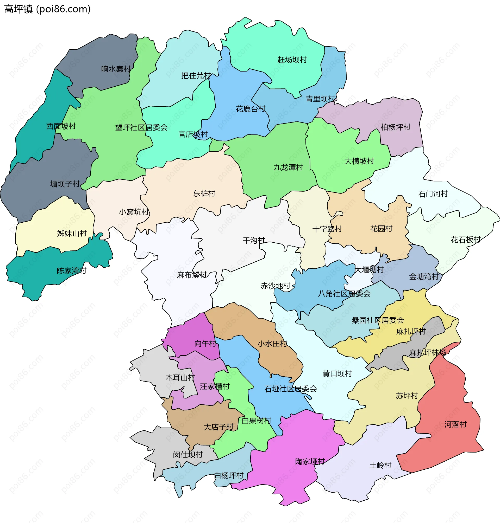 高坪镇边界地图(五级行政区划)