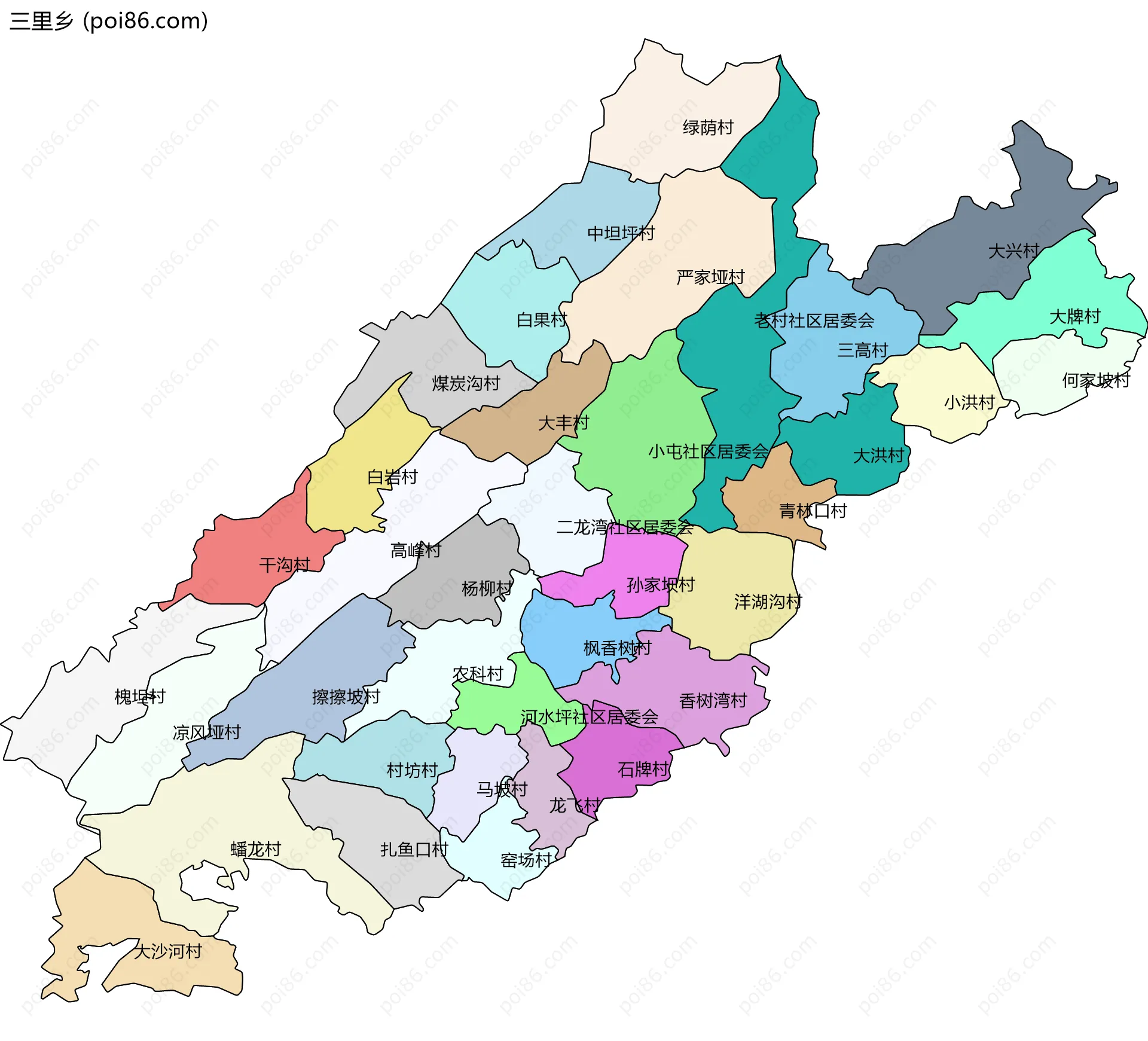 三里乡边界地图(五级行政区划)