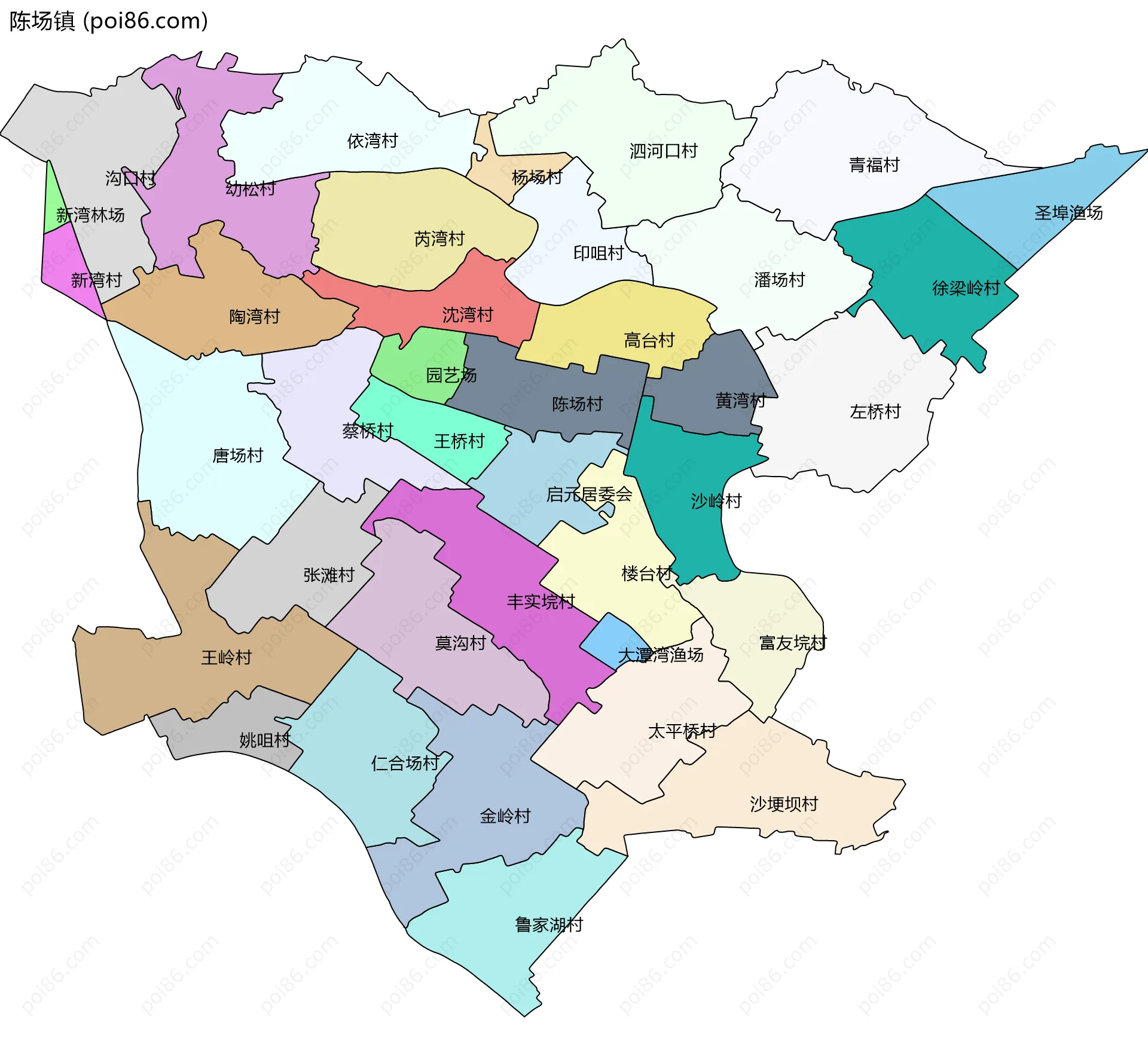 陈场镇边界地图(五级行政区划)