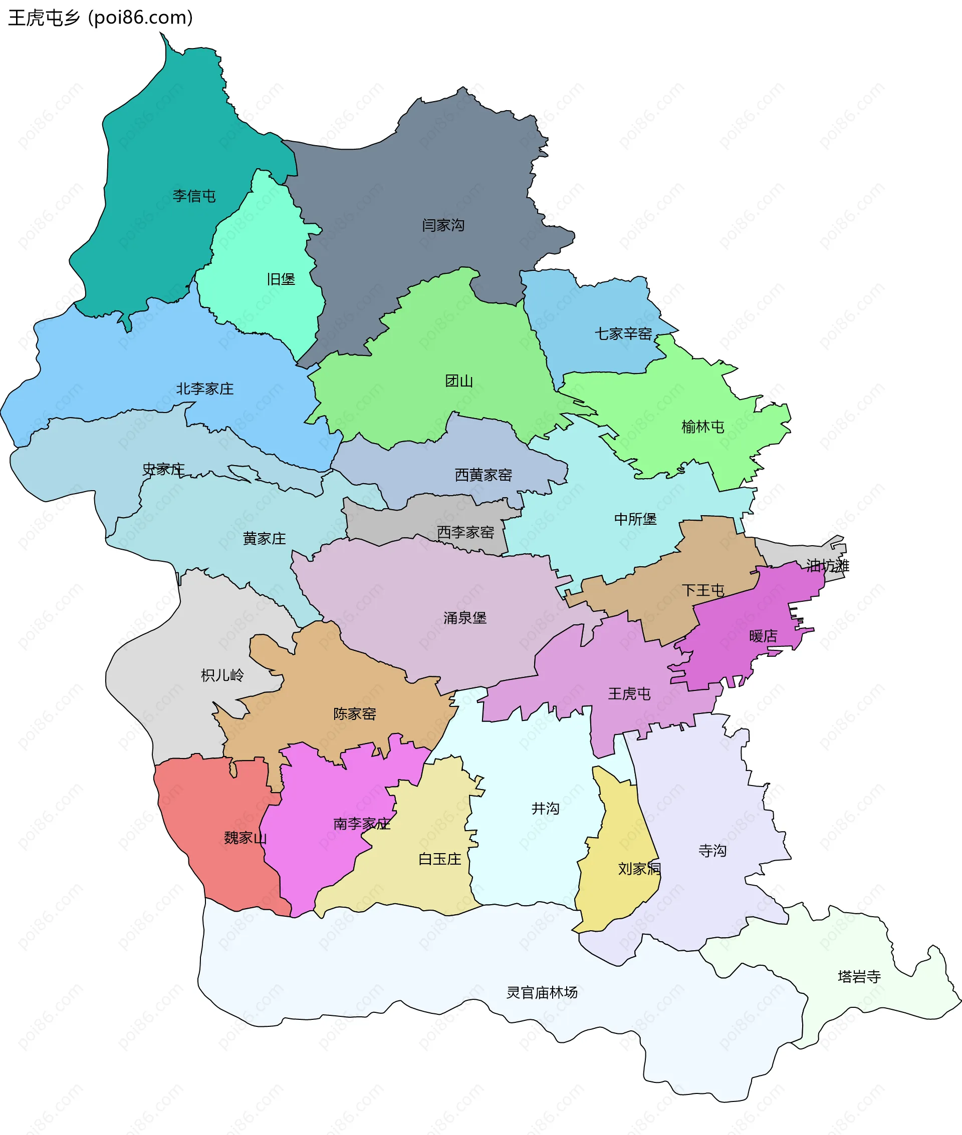 王虎屯乡边界地图(五级行政区划)