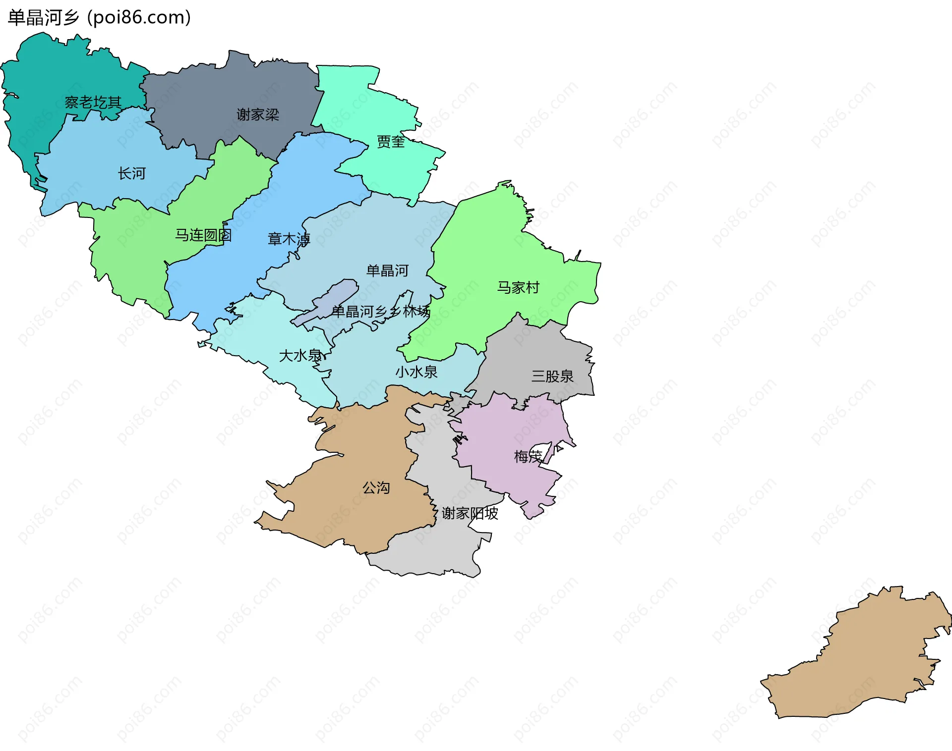 单晶河乡边界地图(五级行政区划)