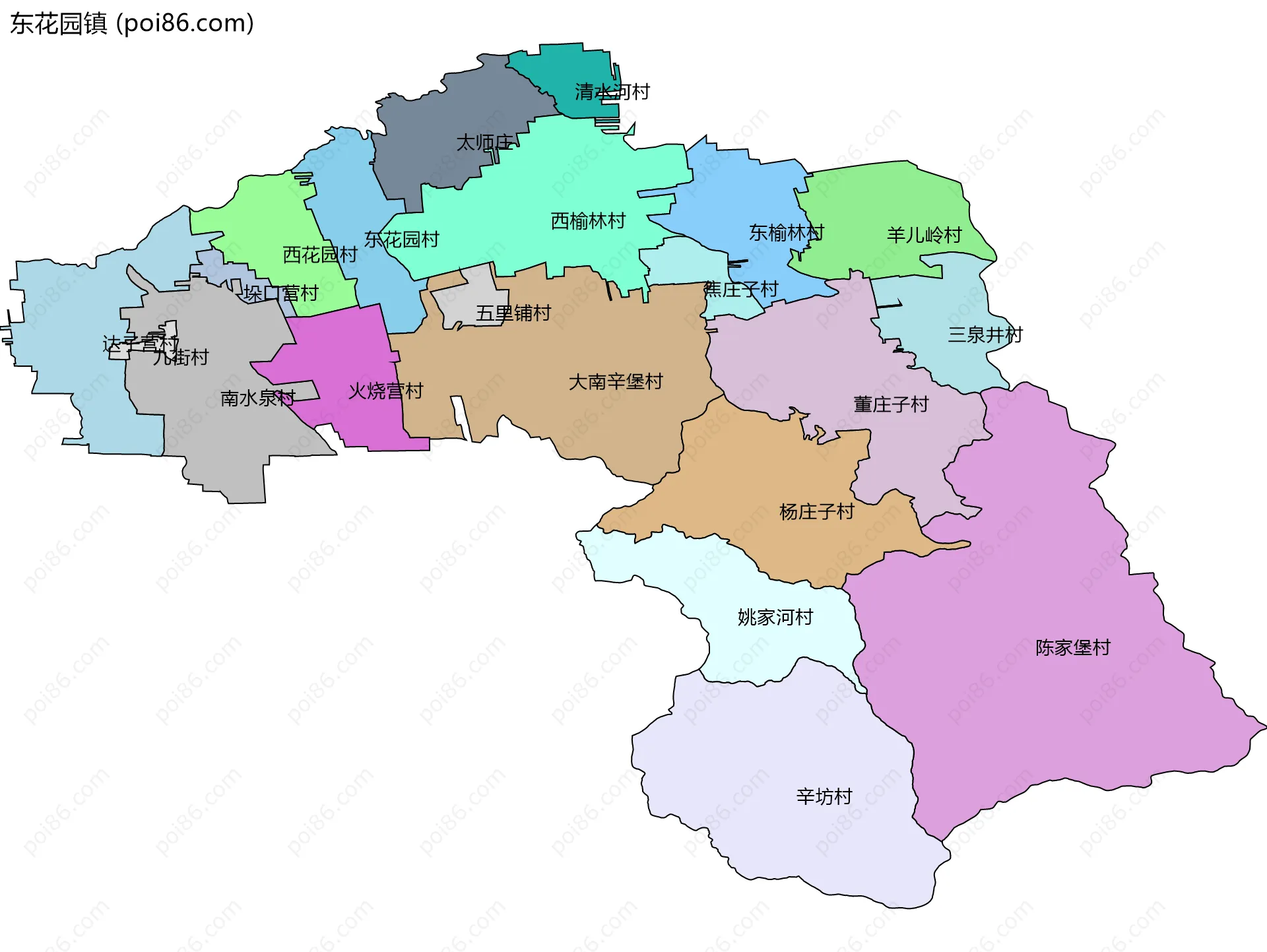 东花园镇边界地图(五级行政区划)