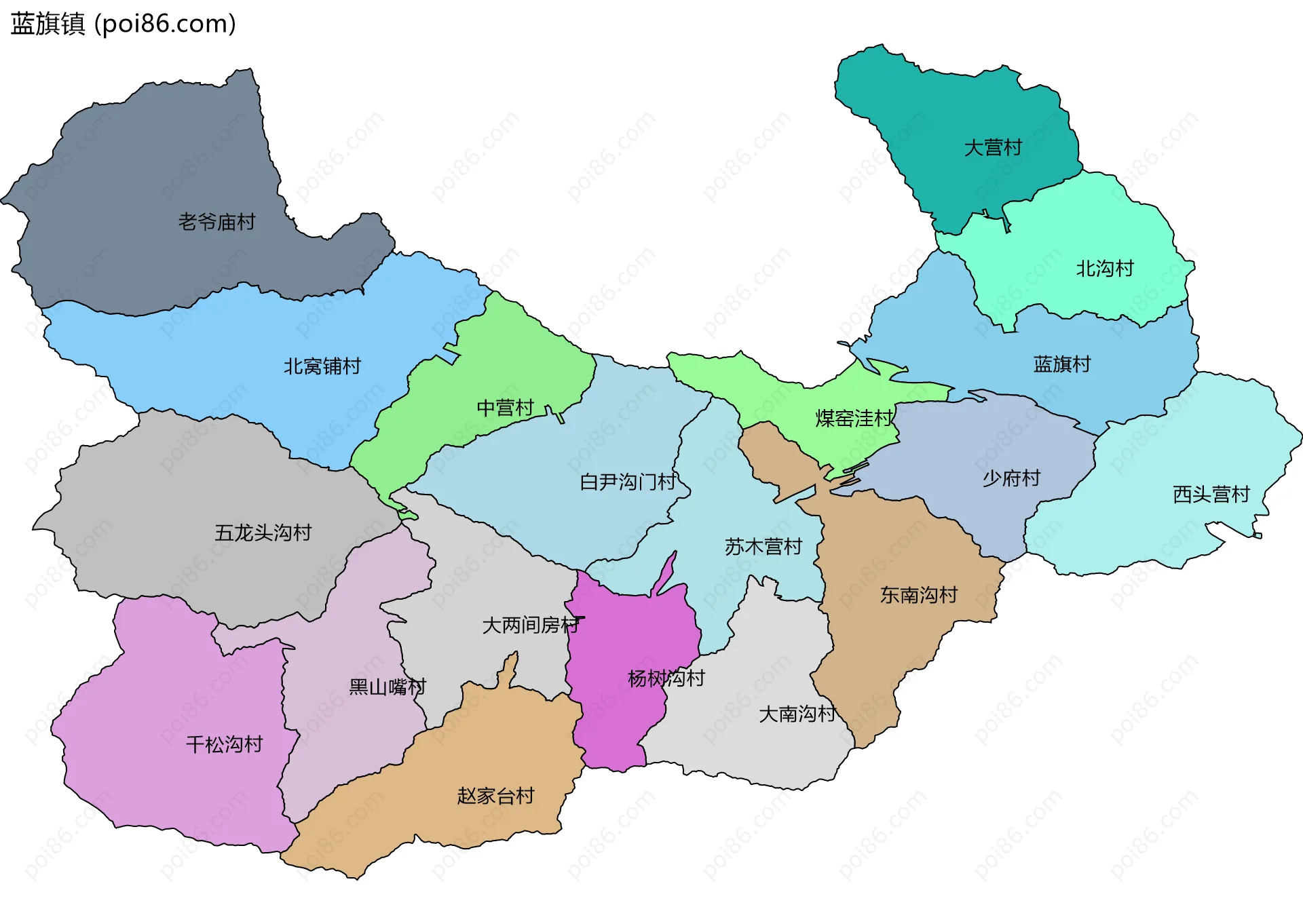 蓝旗镇边界地图(五级行政区划)