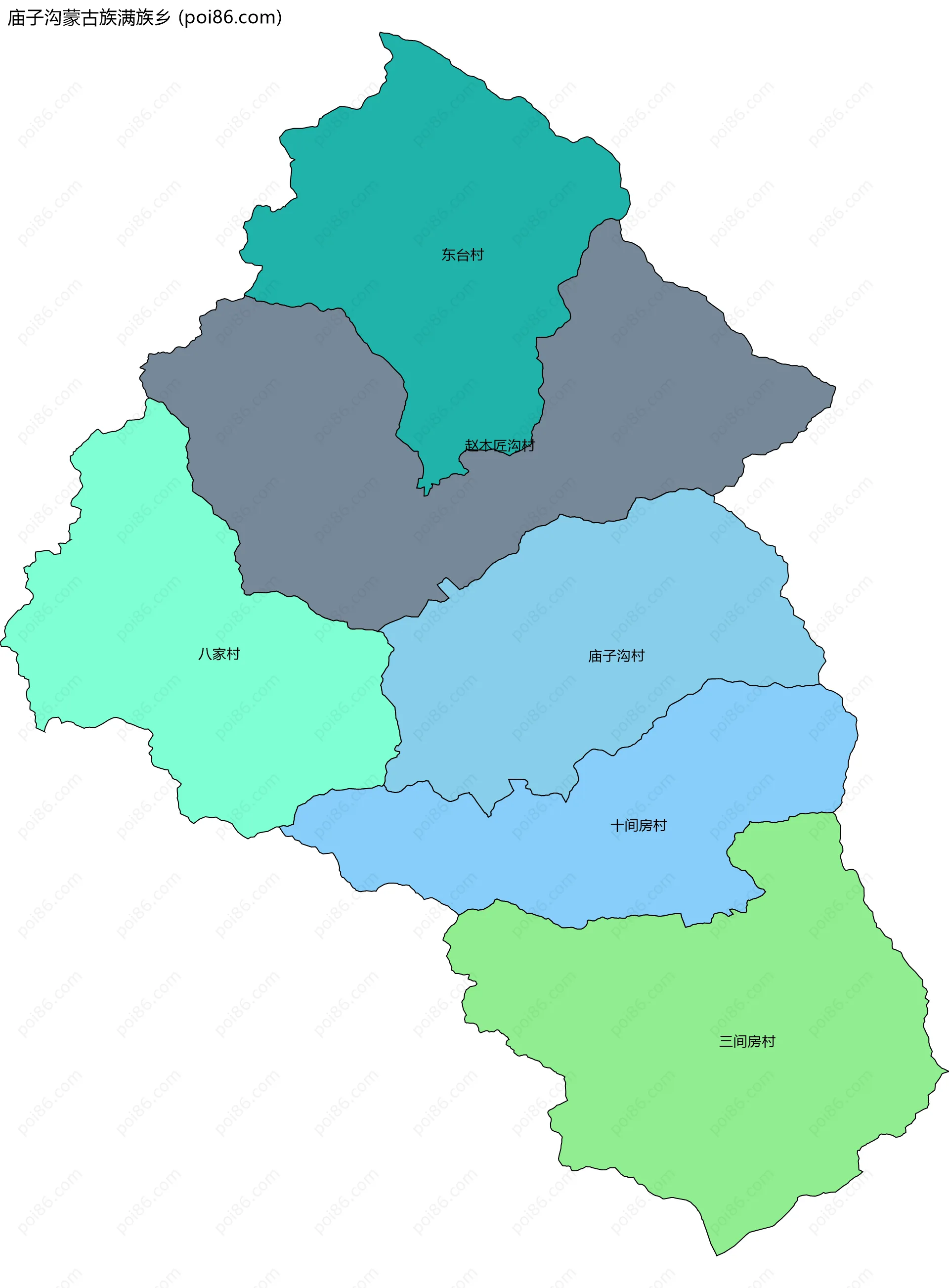 庙子沟蒙古族满族乡边界地图(五级行政区划)