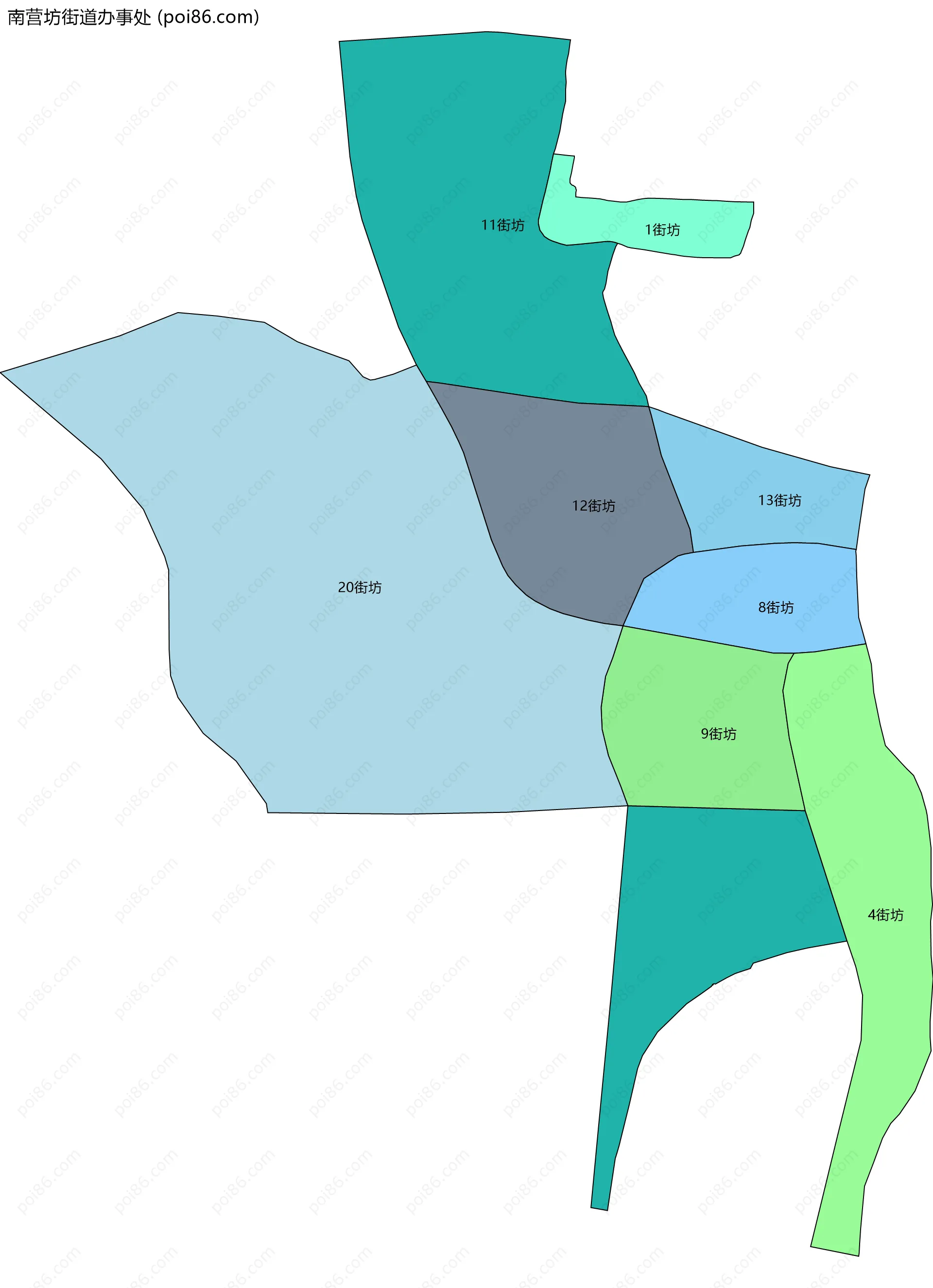 南营坊街道办事处边界地图(五级行政区划)