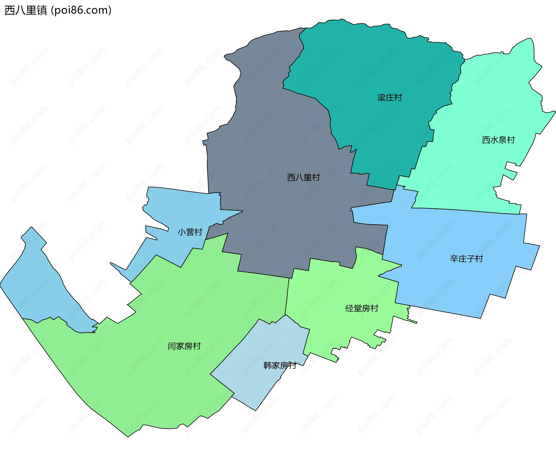 西八里镇边界地图(五级行政区划)