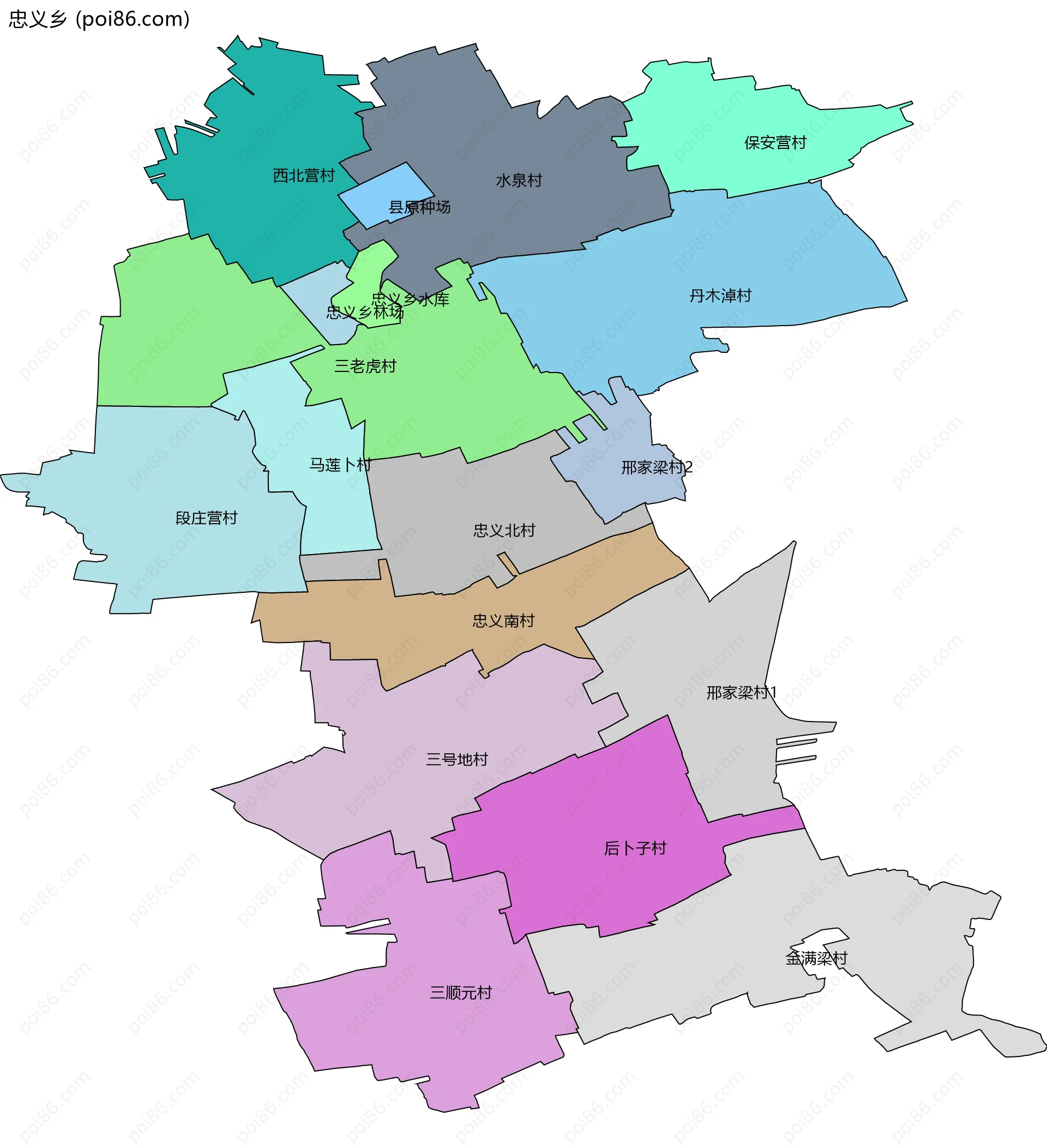 忠义乡边界地图(五级行政区划)