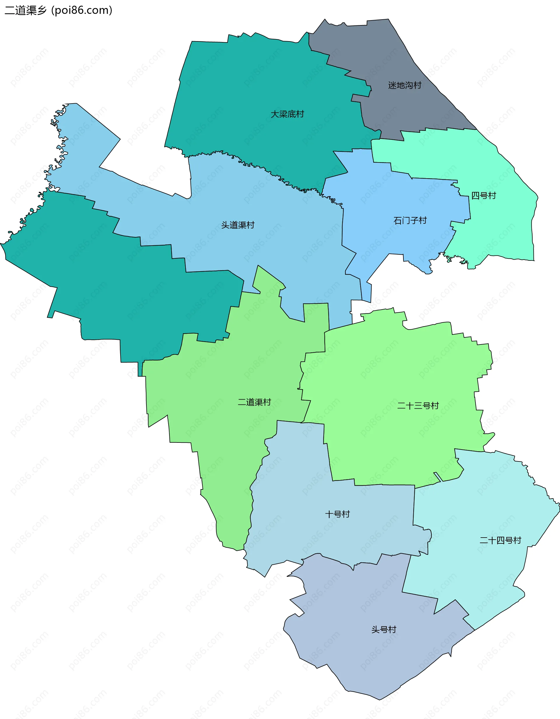二道渠乡边界地图(五级行政区划)