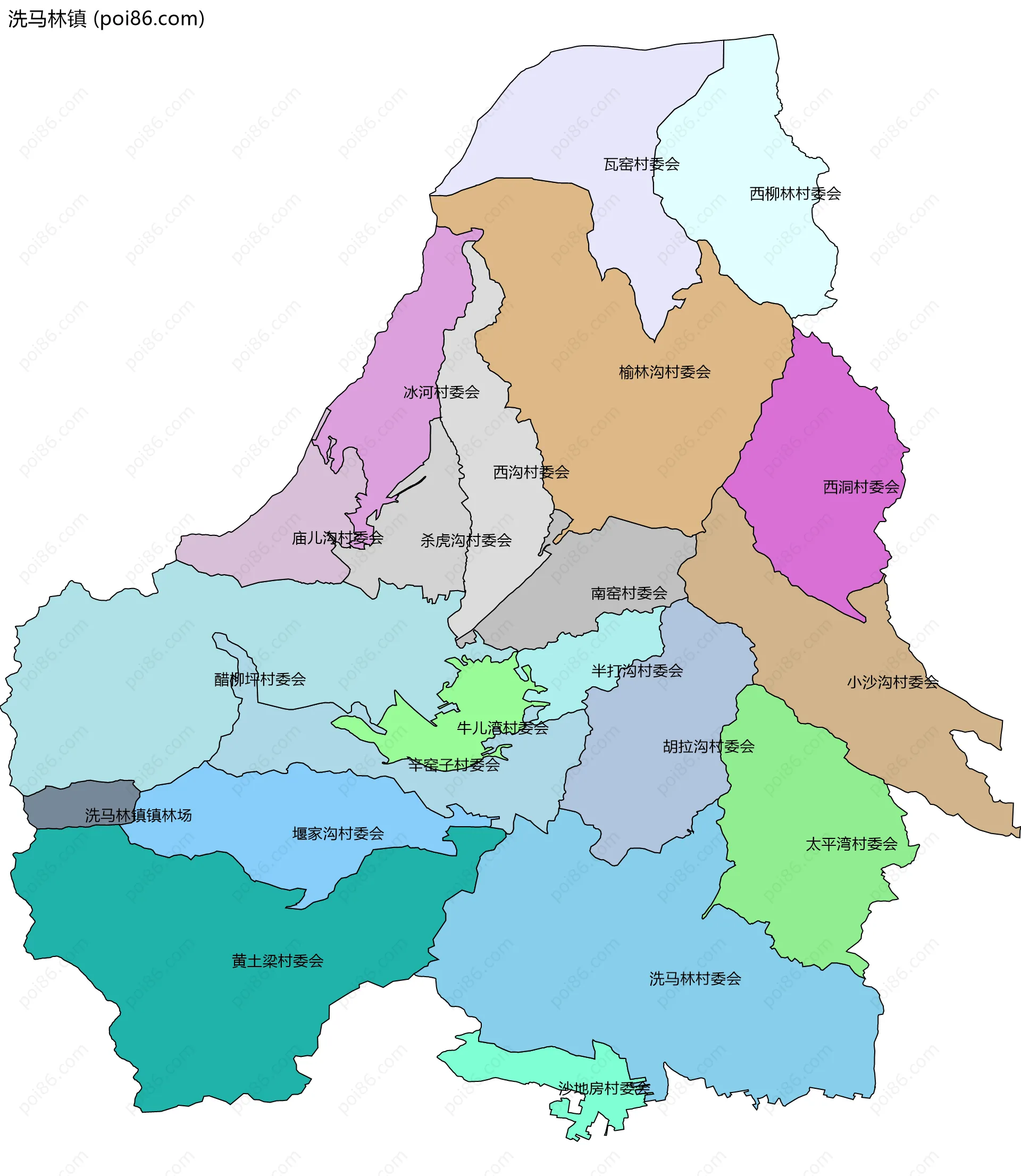 洗马林镇边界地图(五级行政区划)