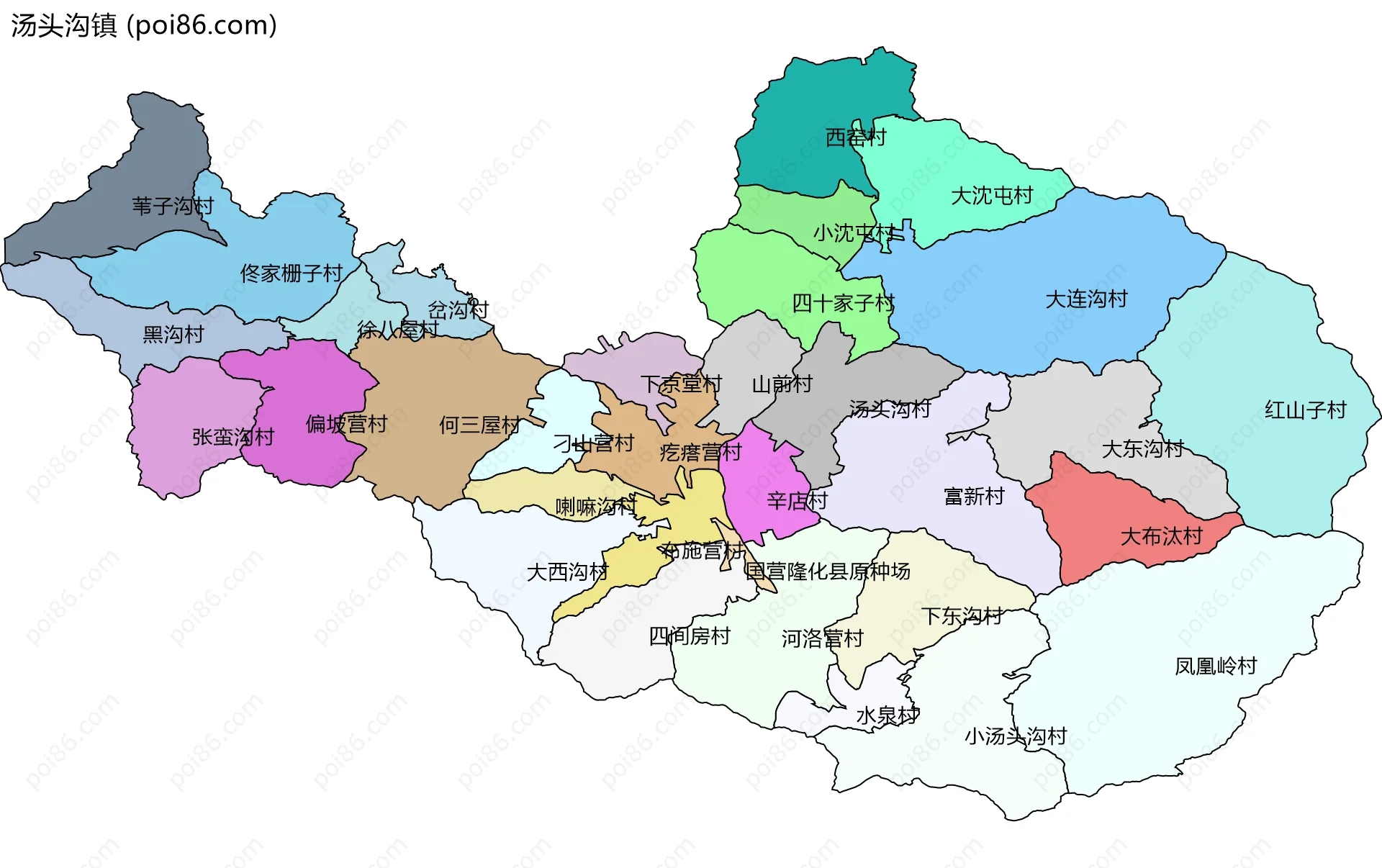 汤头沟镇边界地图(五级行政区划)