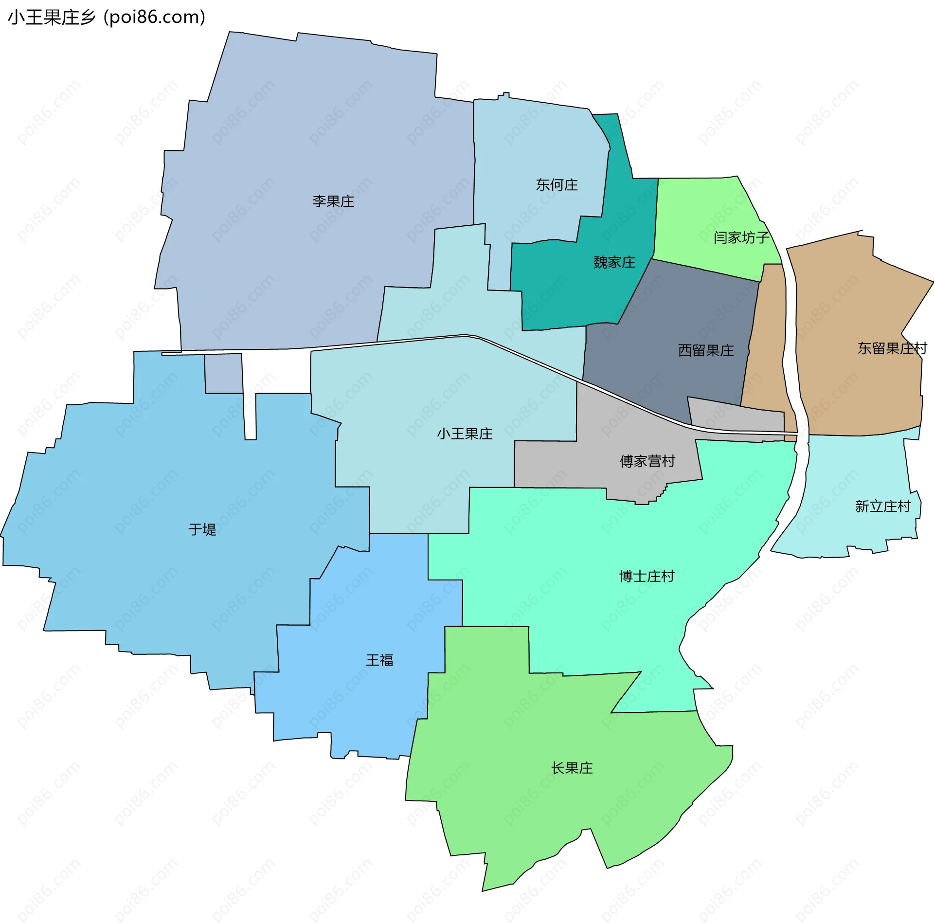 小王果庄乡边界地图(五级行政区划)