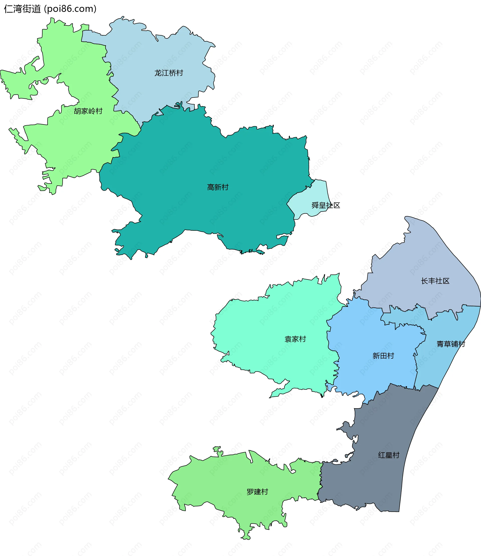 仁湾街道边界地图(五级行政区划)