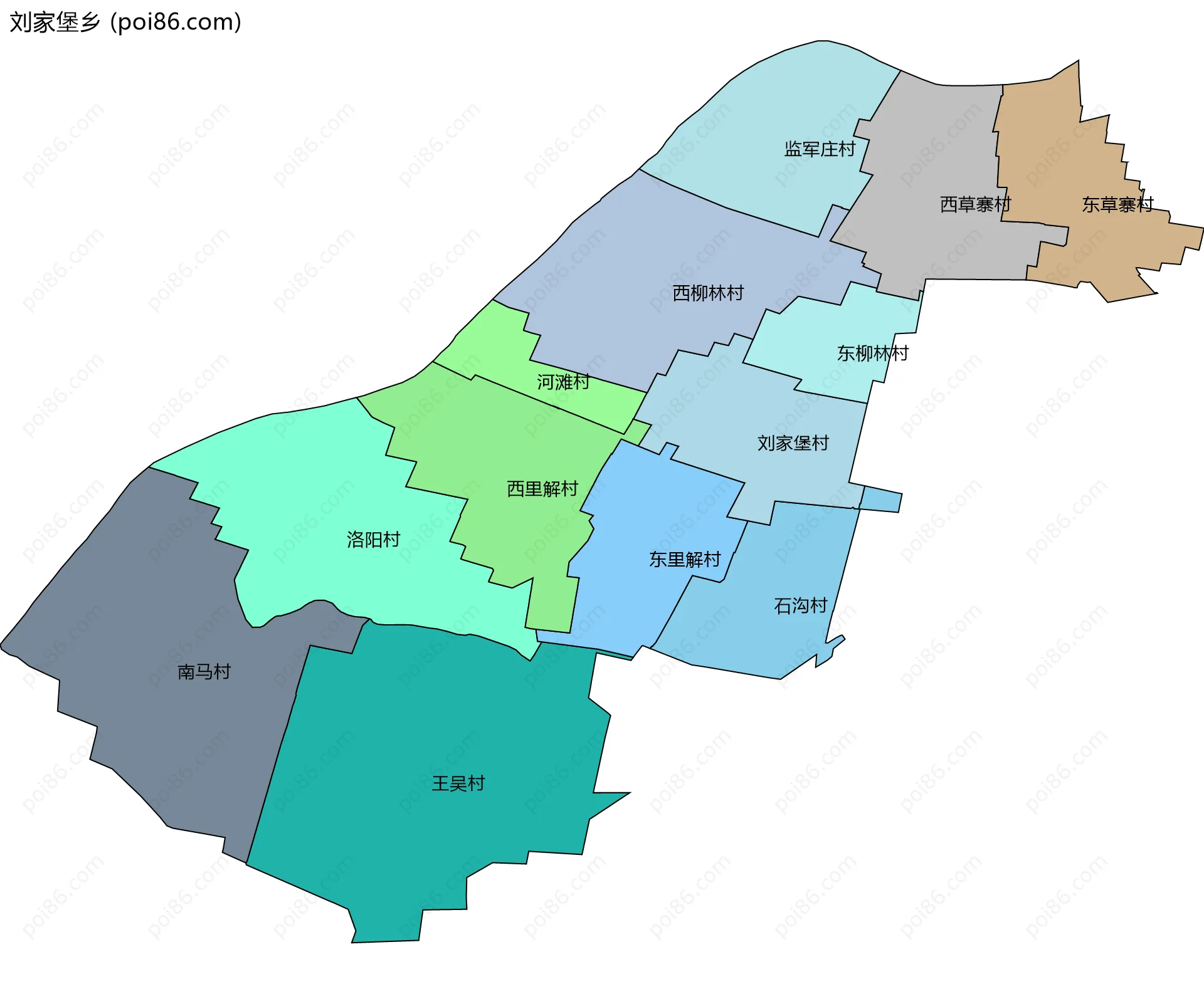刘家堡乡边界地图(五级行政区划)
