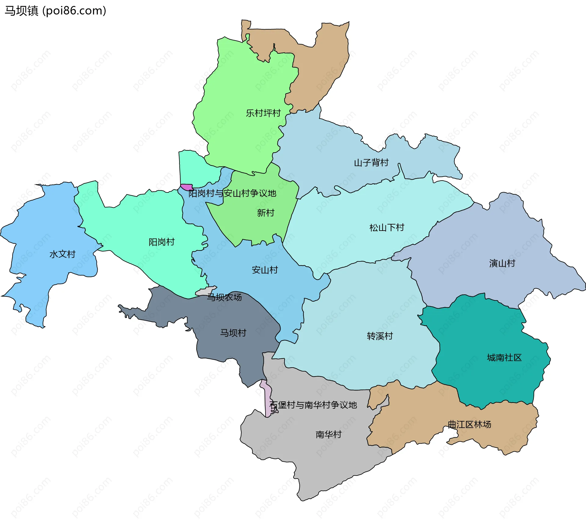 马坝镇边界地图(五级行政区划)