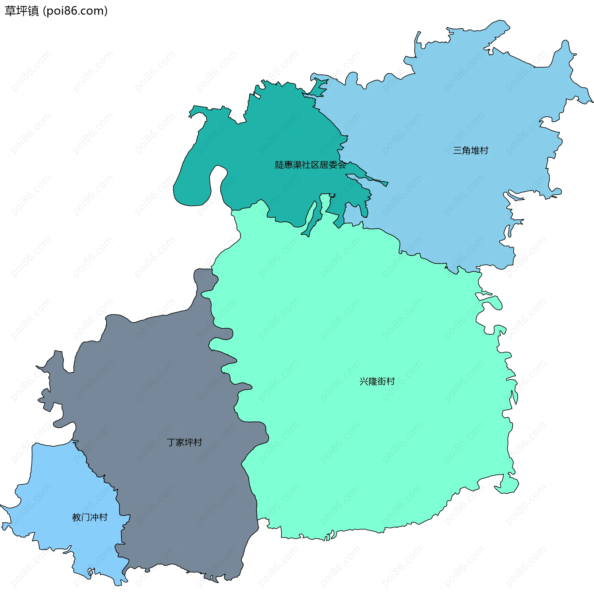 草坪镇边界地图(五级行政区划)