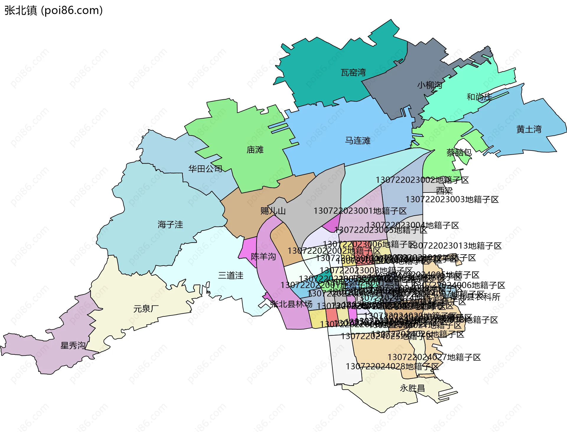 张北镇边界地图(五级行政区划)