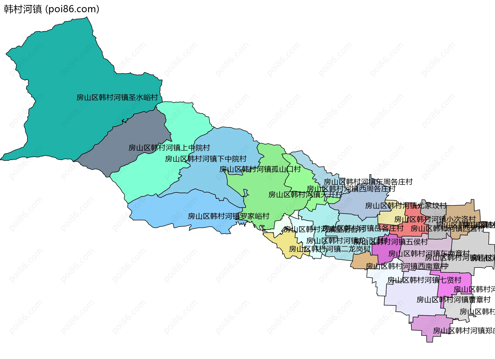 韩村河镇边界地图(五级行政区划)