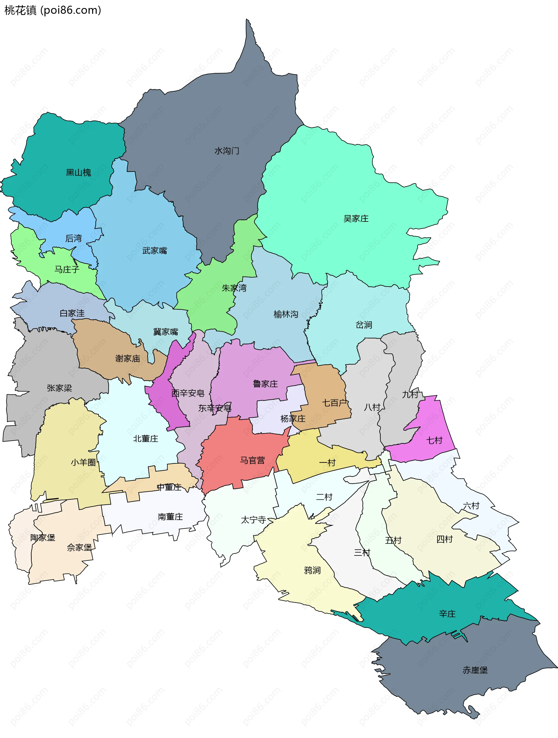 桃花镇边界地图(五级行政区划)