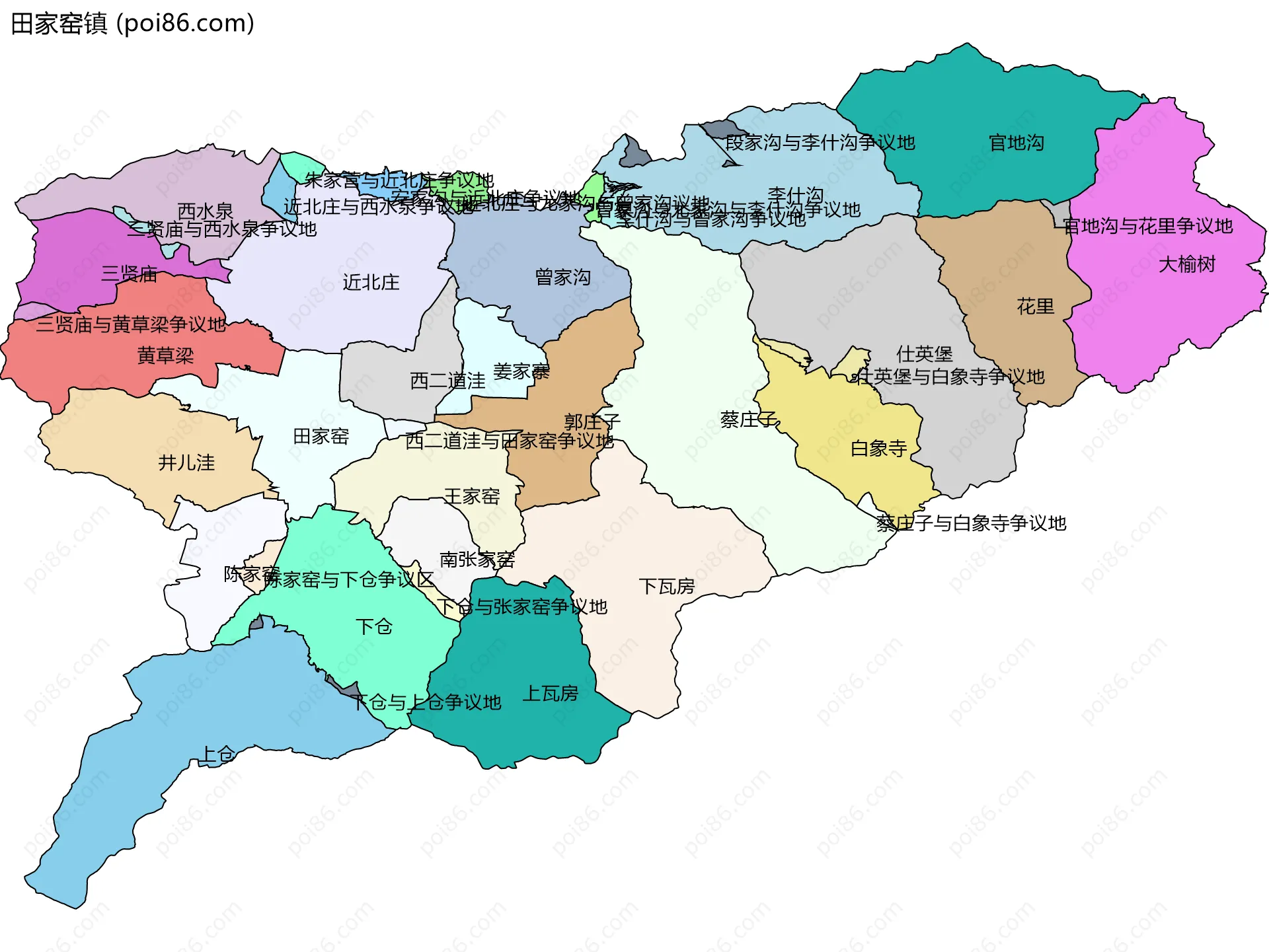 田家窑镇边界地图(五级行政区划)