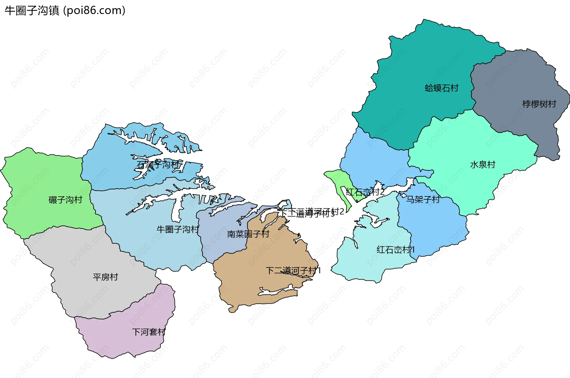 牛圈子沟镇边界地图(五级行政区划)