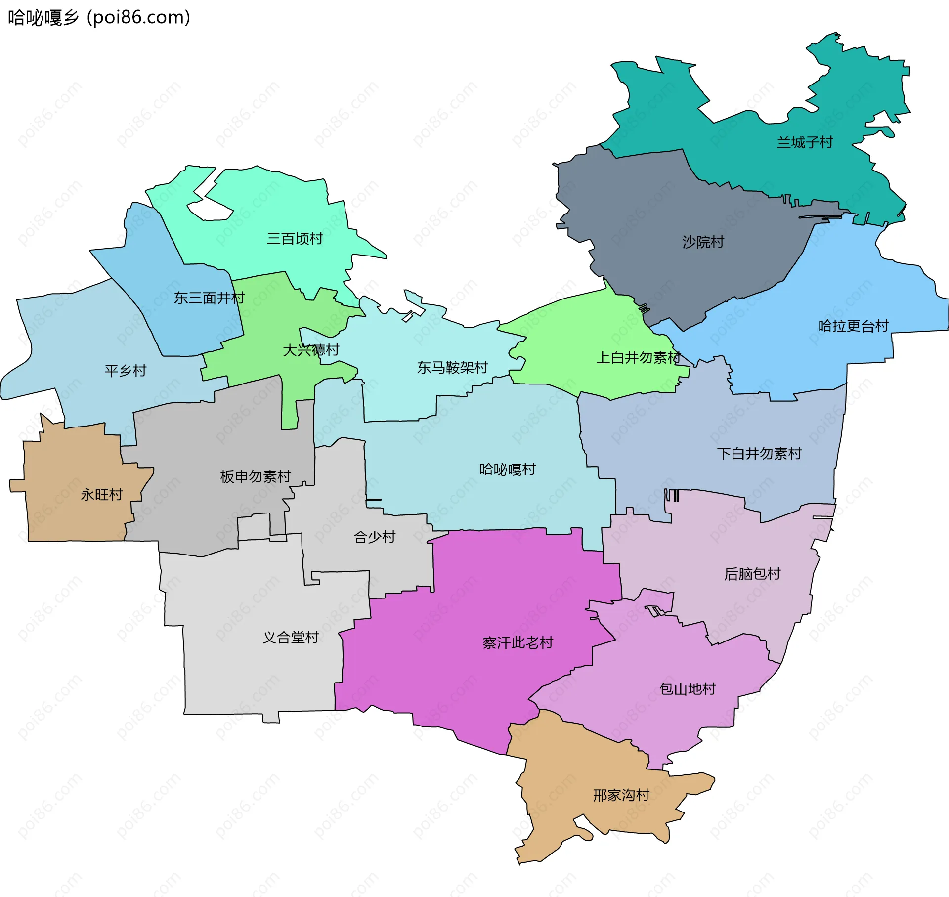 哈咇嘎乡边界地图(五级行政区划)