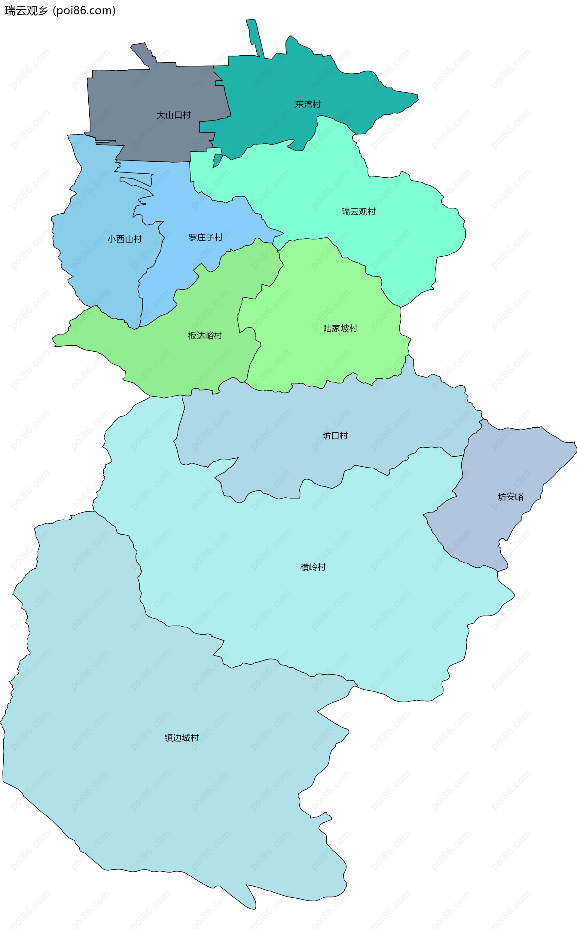 瑞云观乡边界地图(五级行政区划)