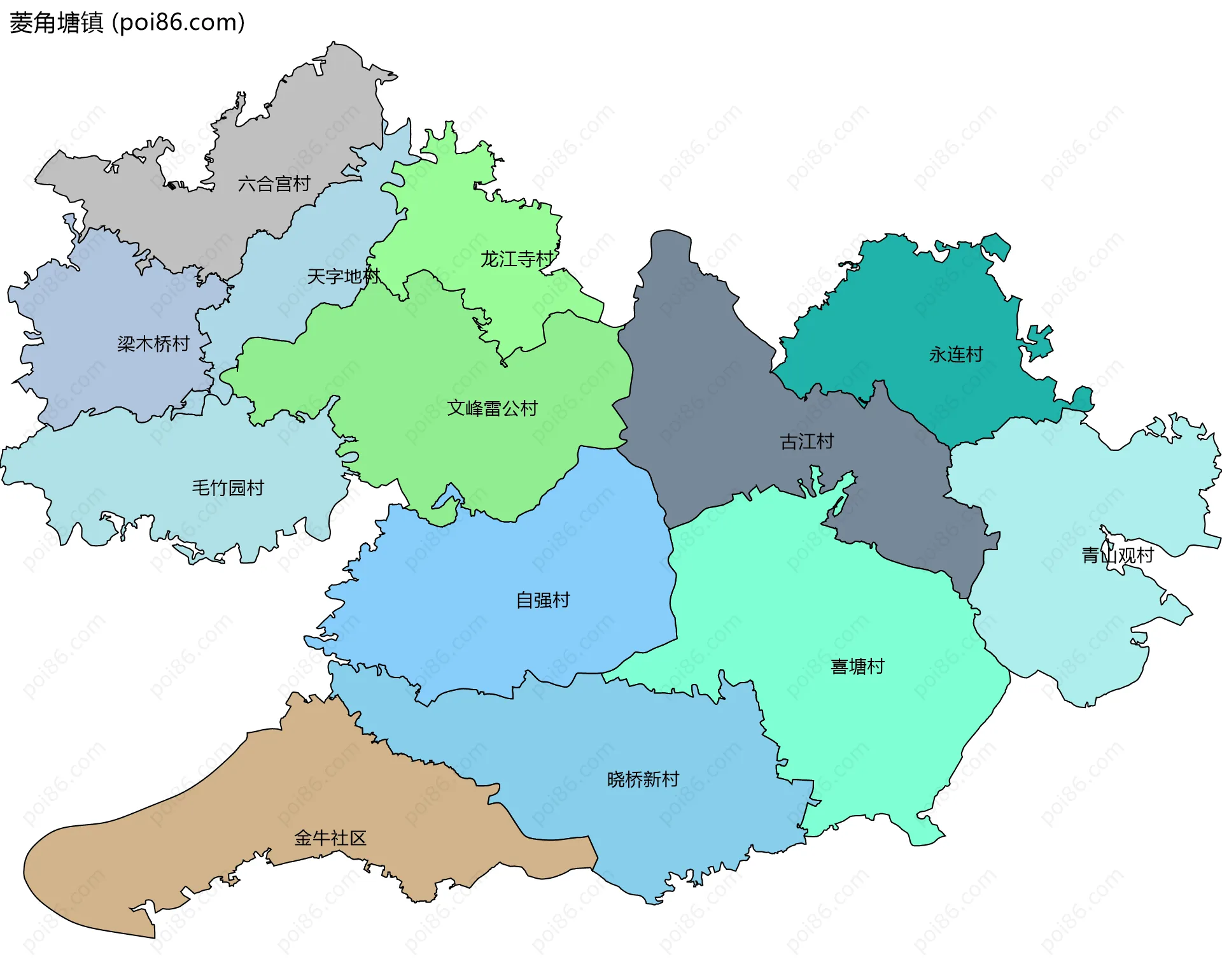 菱角塘镇边界地图(五级行政区划)