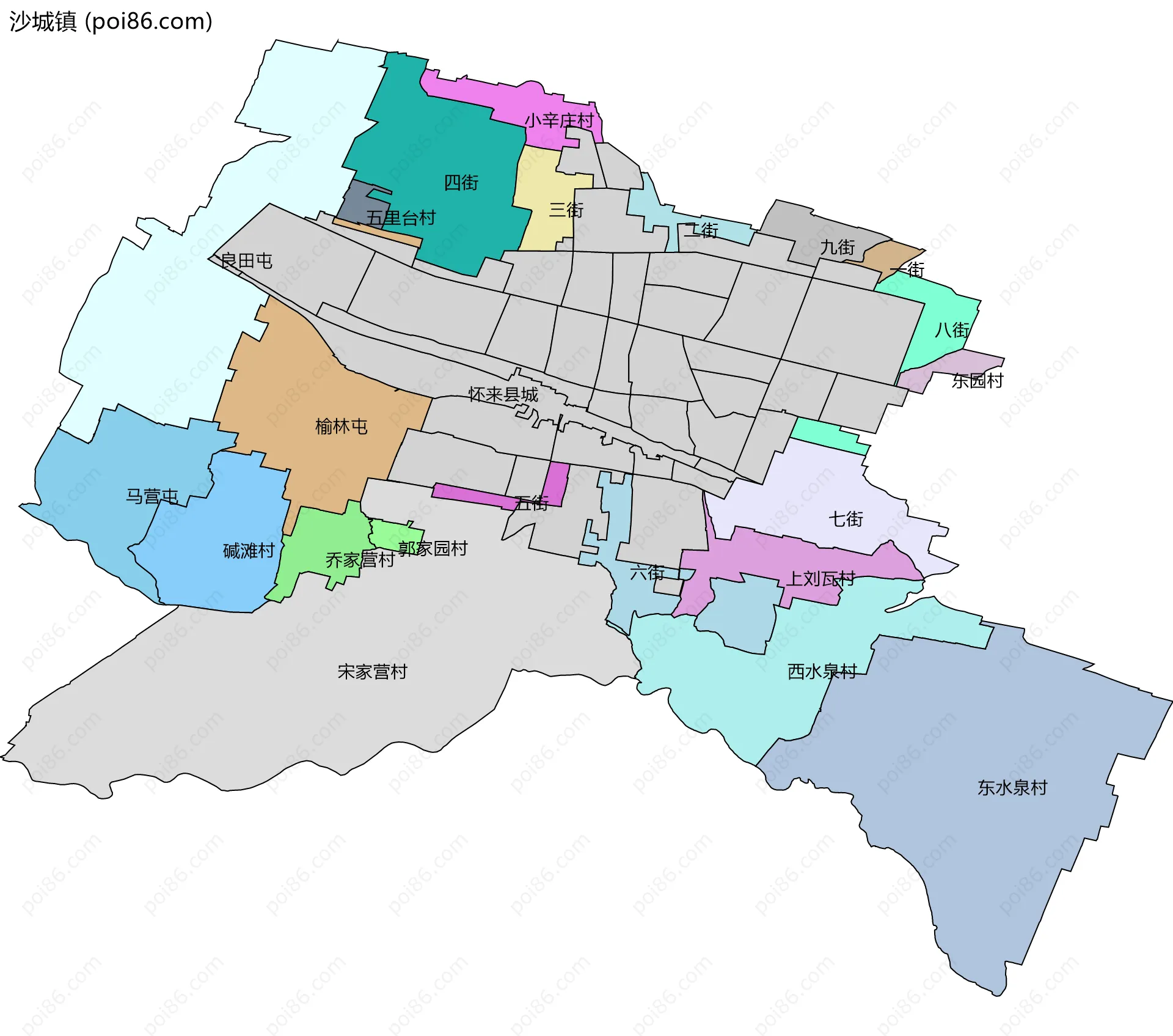 沙城镇边界地图(五级行政区划)