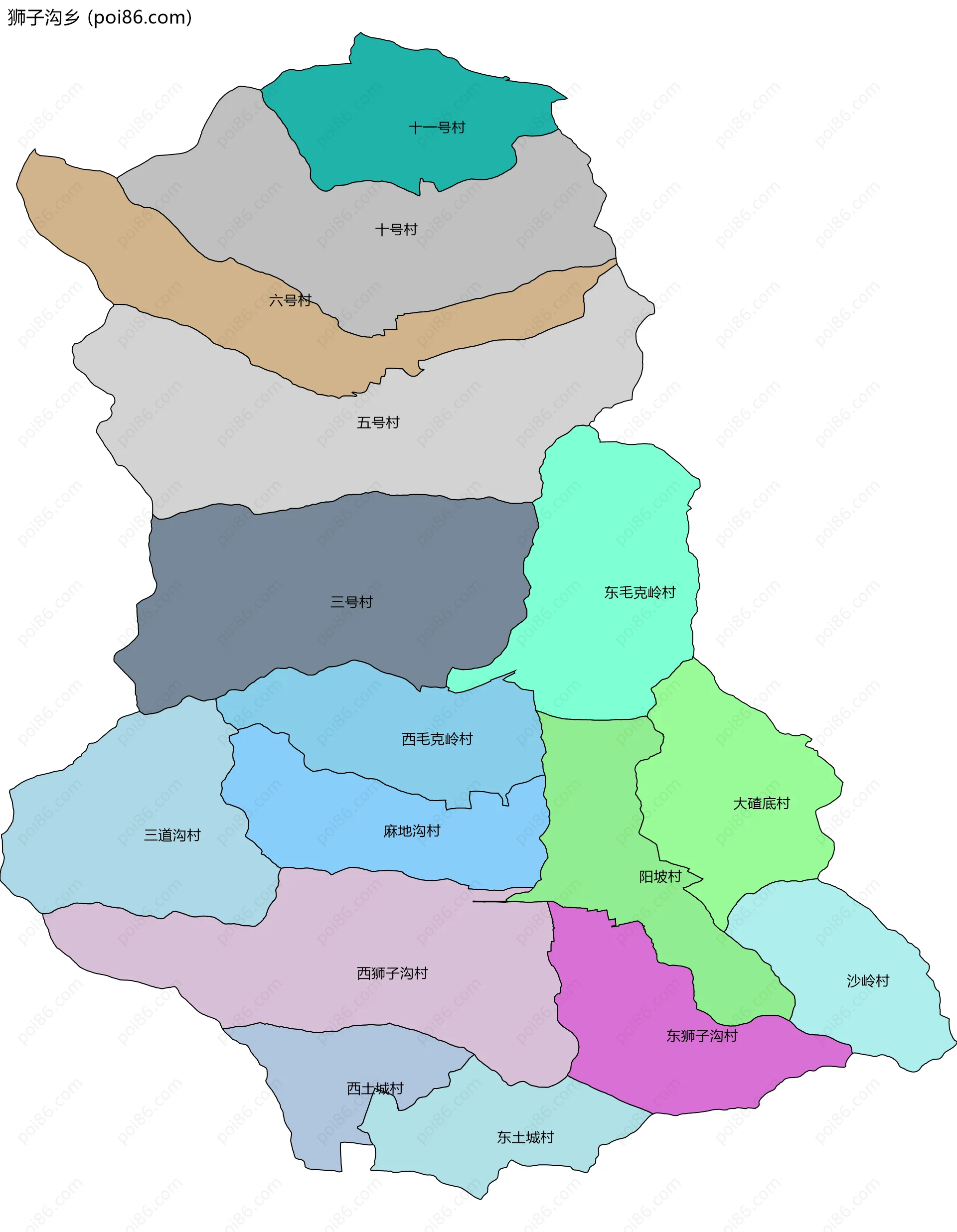 狮子沟乡边界地图(五级行政区划)