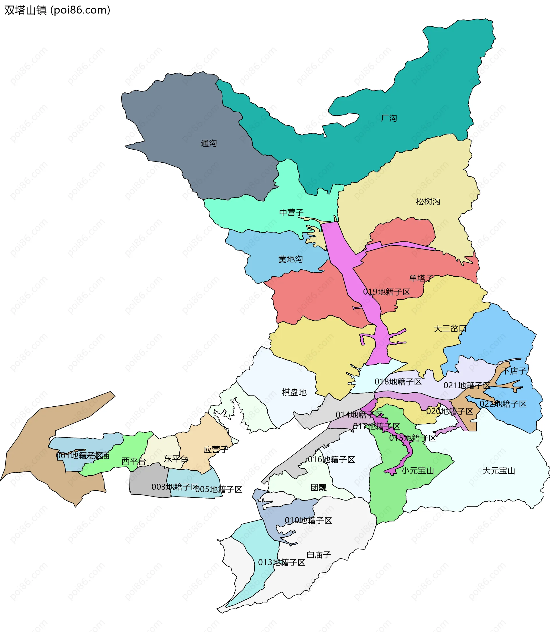 双塔山镇边界地图(五级行政区划)