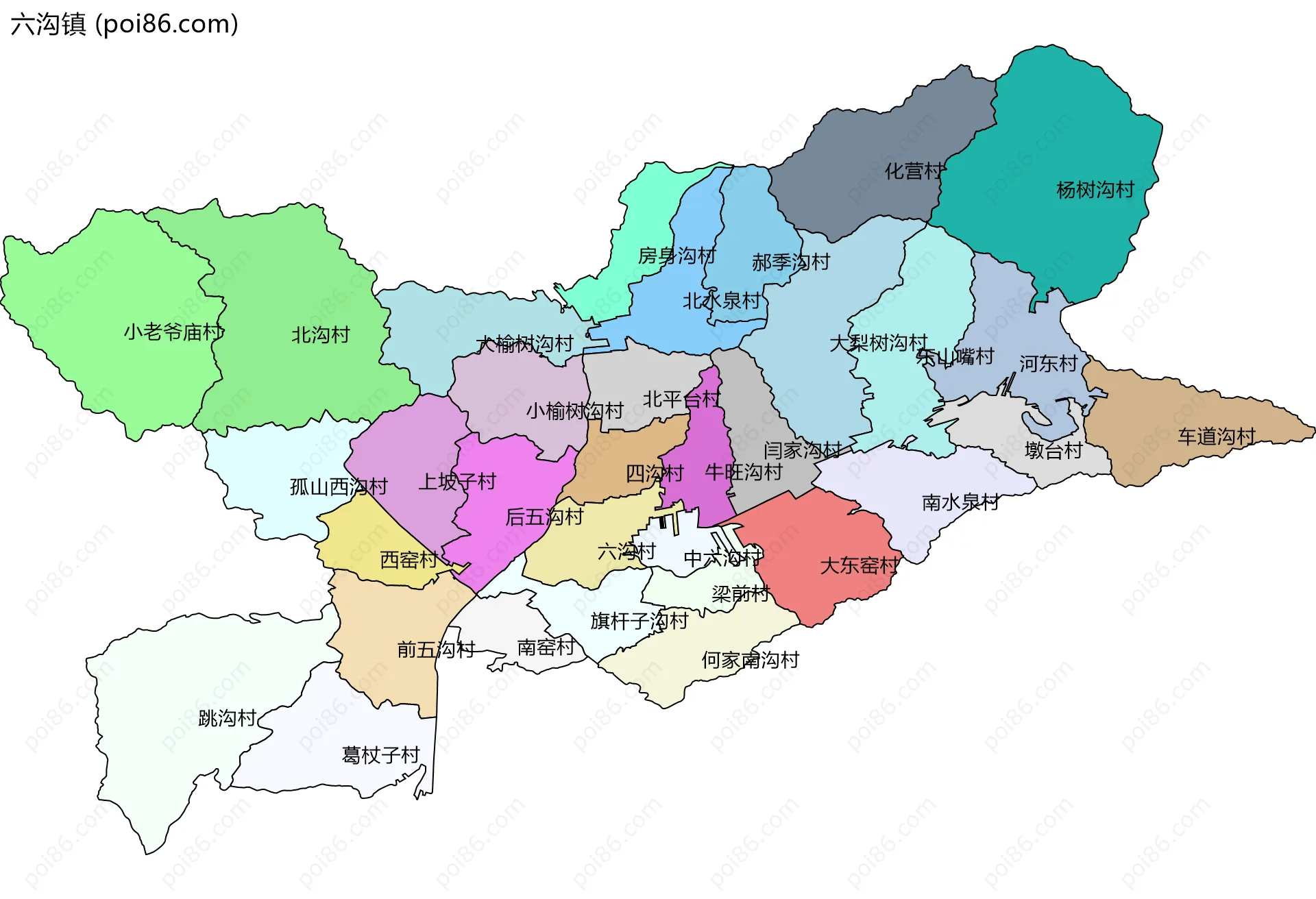 六沟镇边界地图(五级行政区划)
